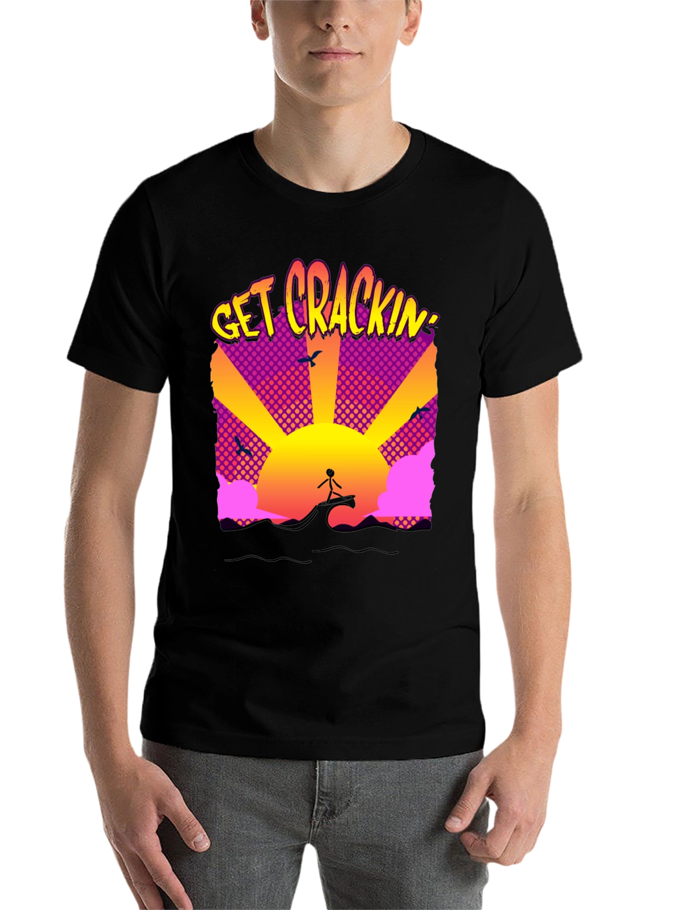 Black Get Crackin' Graphic T-Shirt - Surfing Sunrise view 7