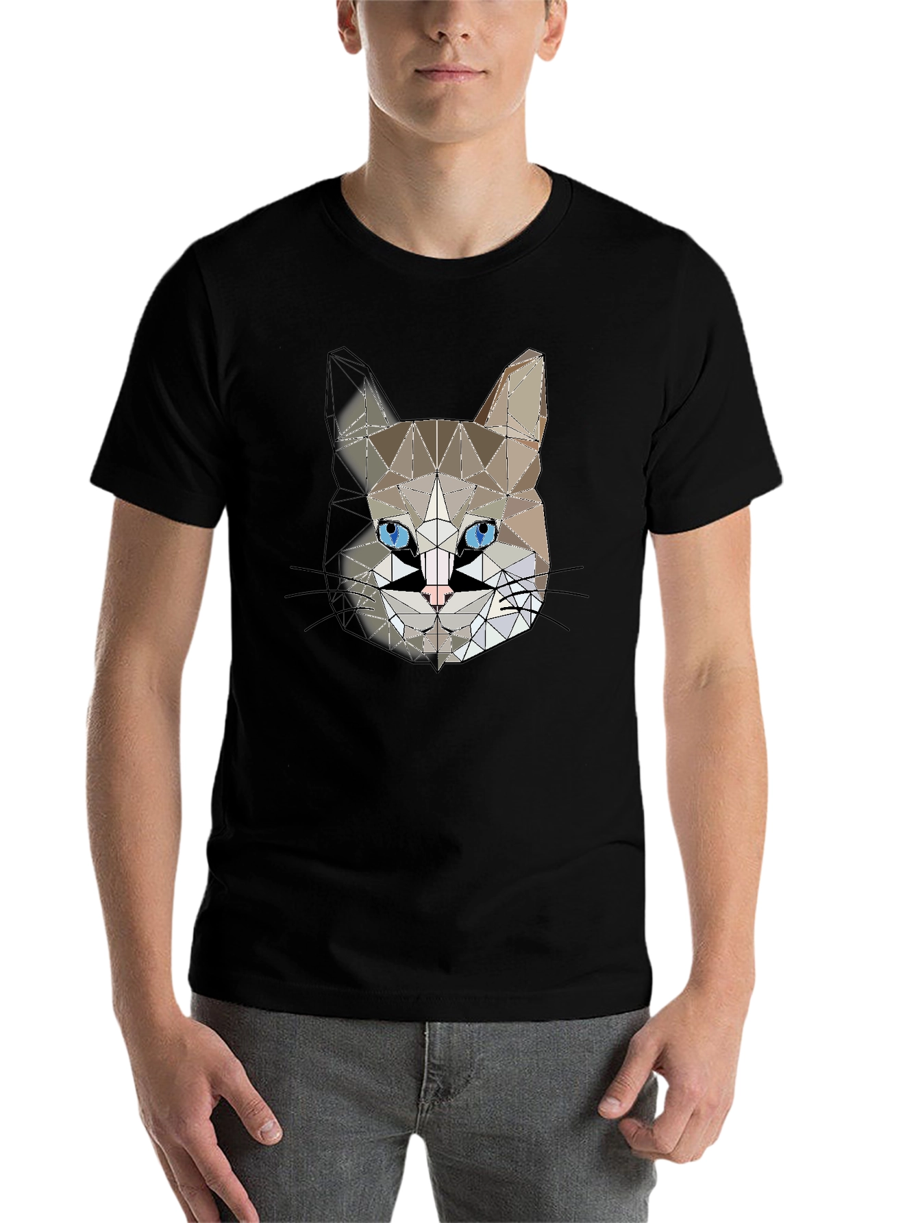 Black Geometric Cat Head Graphic Black T-Shirt view 7