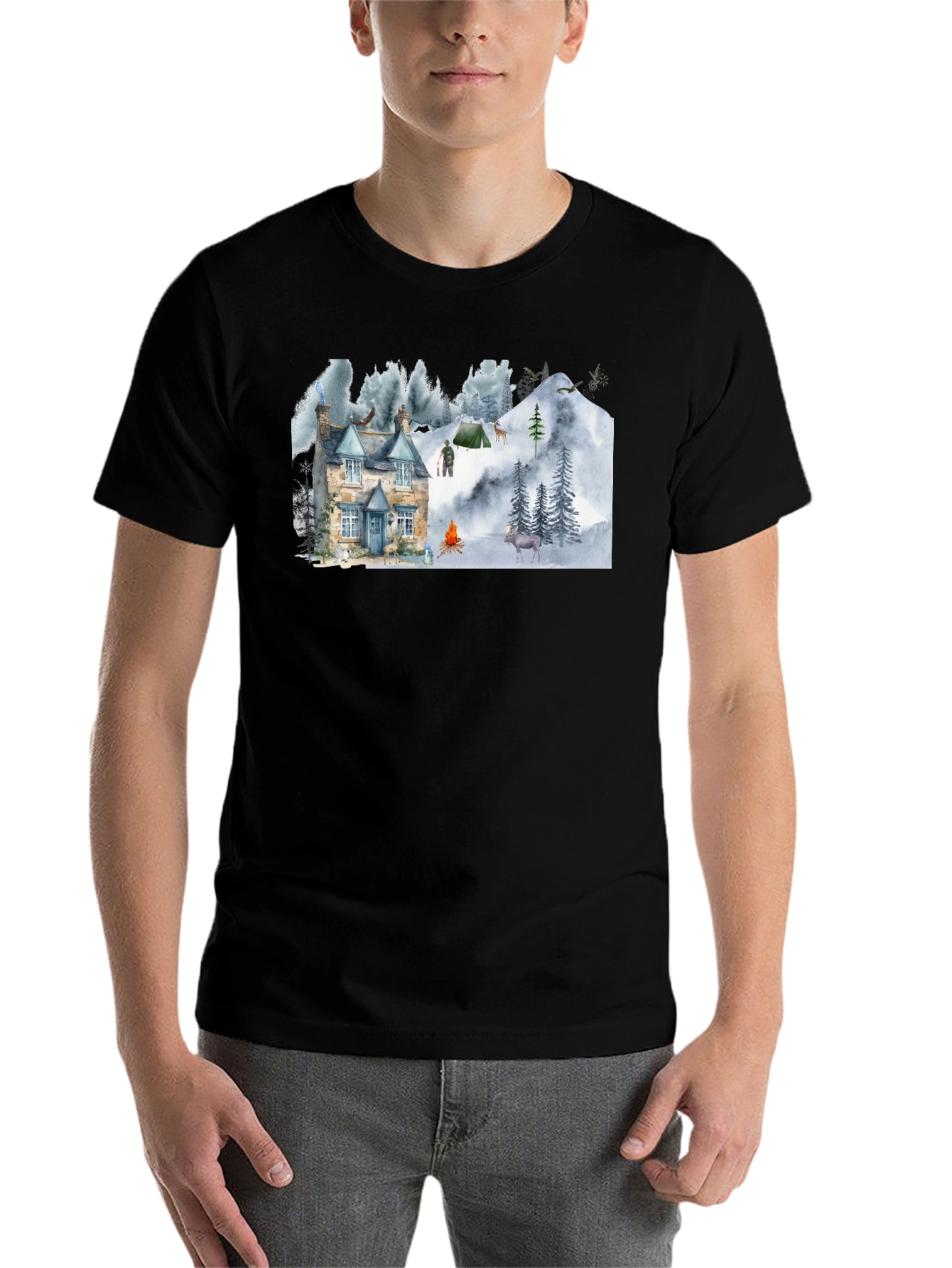 Black Cozy Cabin Mountain Scene Graphic T-Shirt view 7