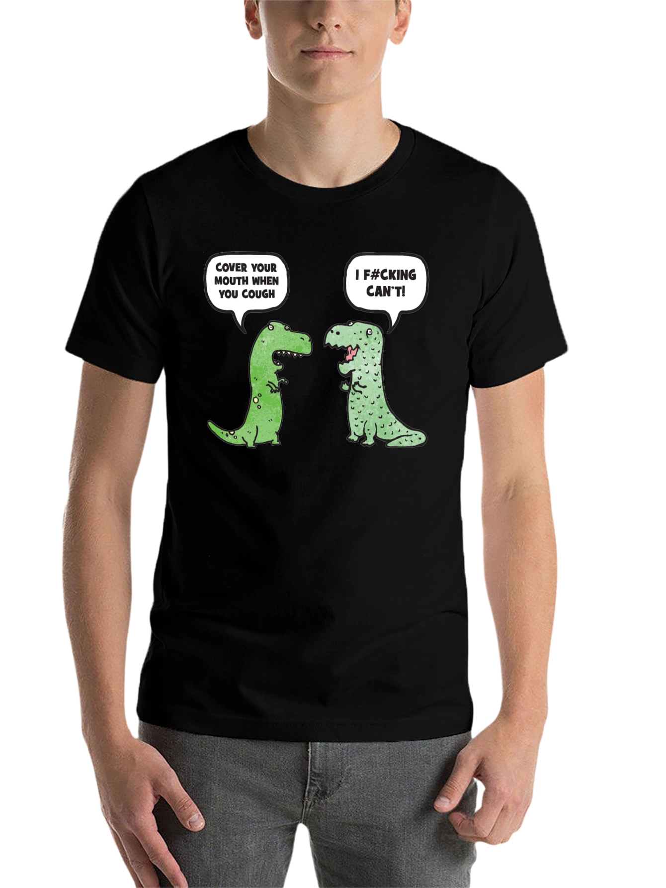 Black Funny Dinosaur Cough Cover T-Shirt view 7