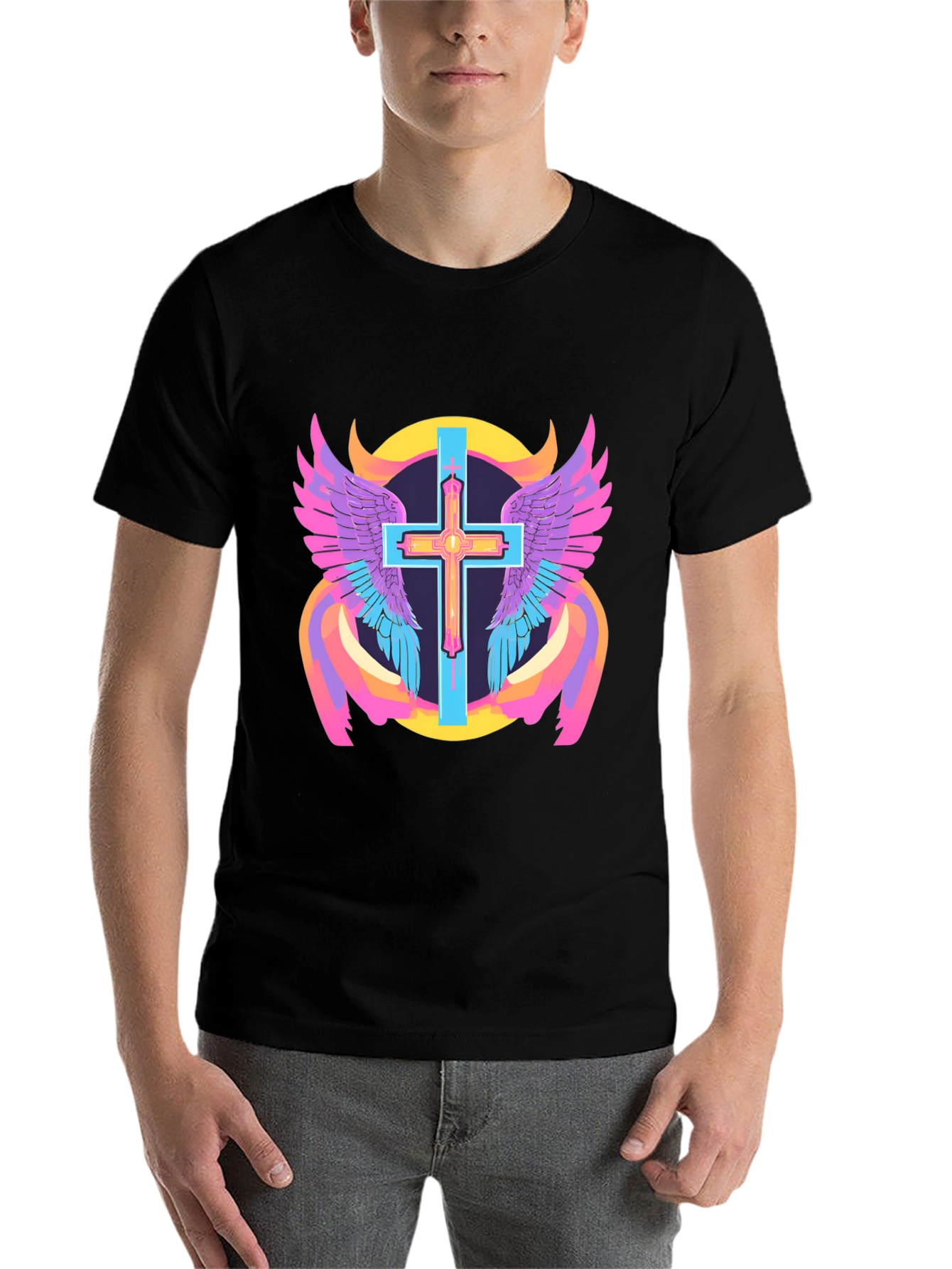 Black Winged Cross Graphic Tee - Black Cotton Blend view 7