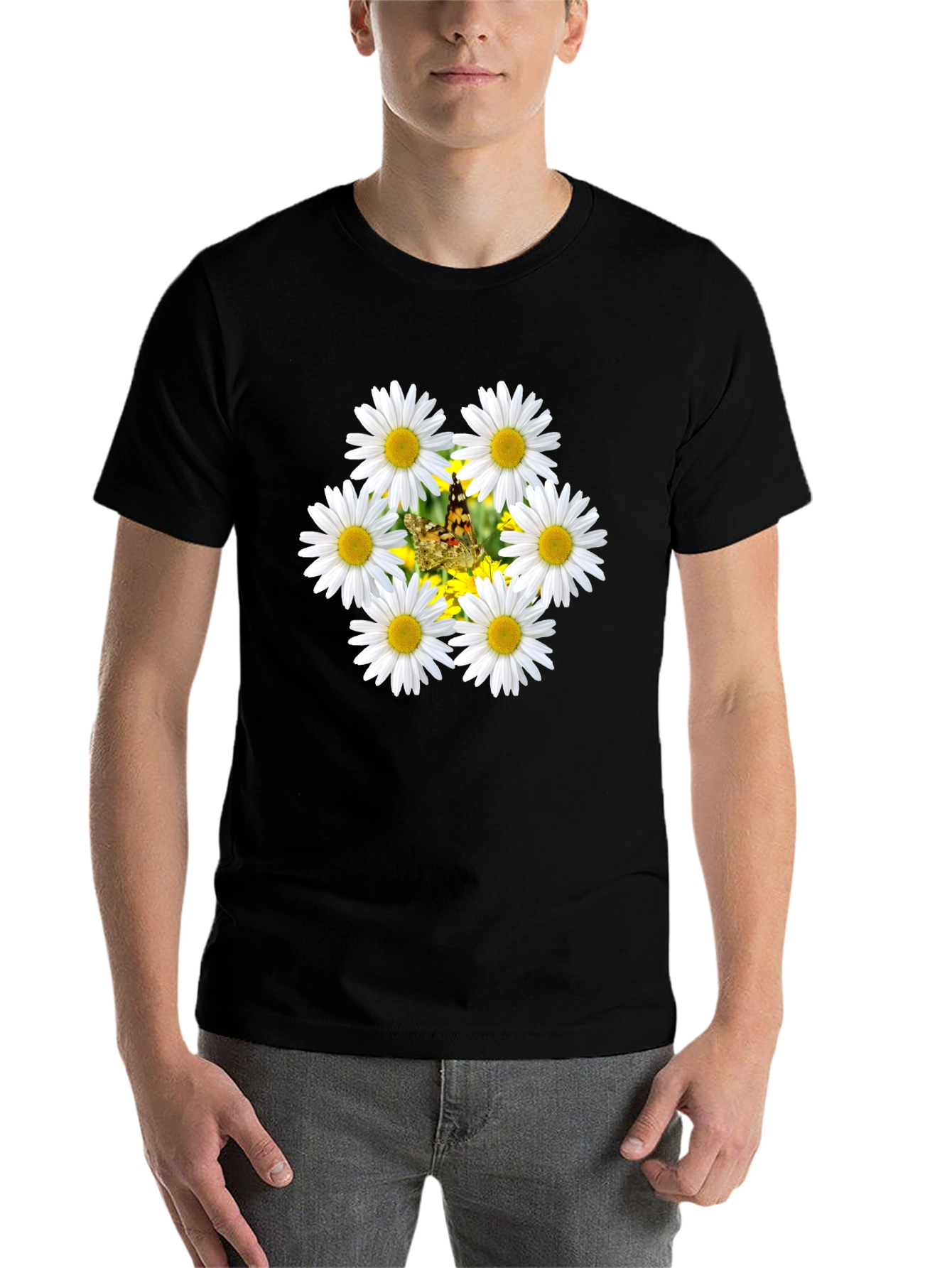 Black Daisy Butterfly Black T-Shirt view 7