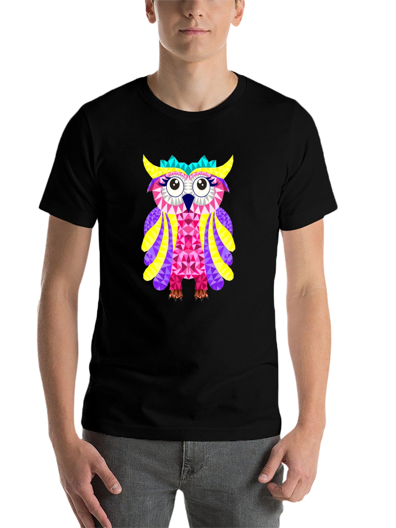 Black Geometric Owl Graphic Tee - Black Cotton Blend view 7
