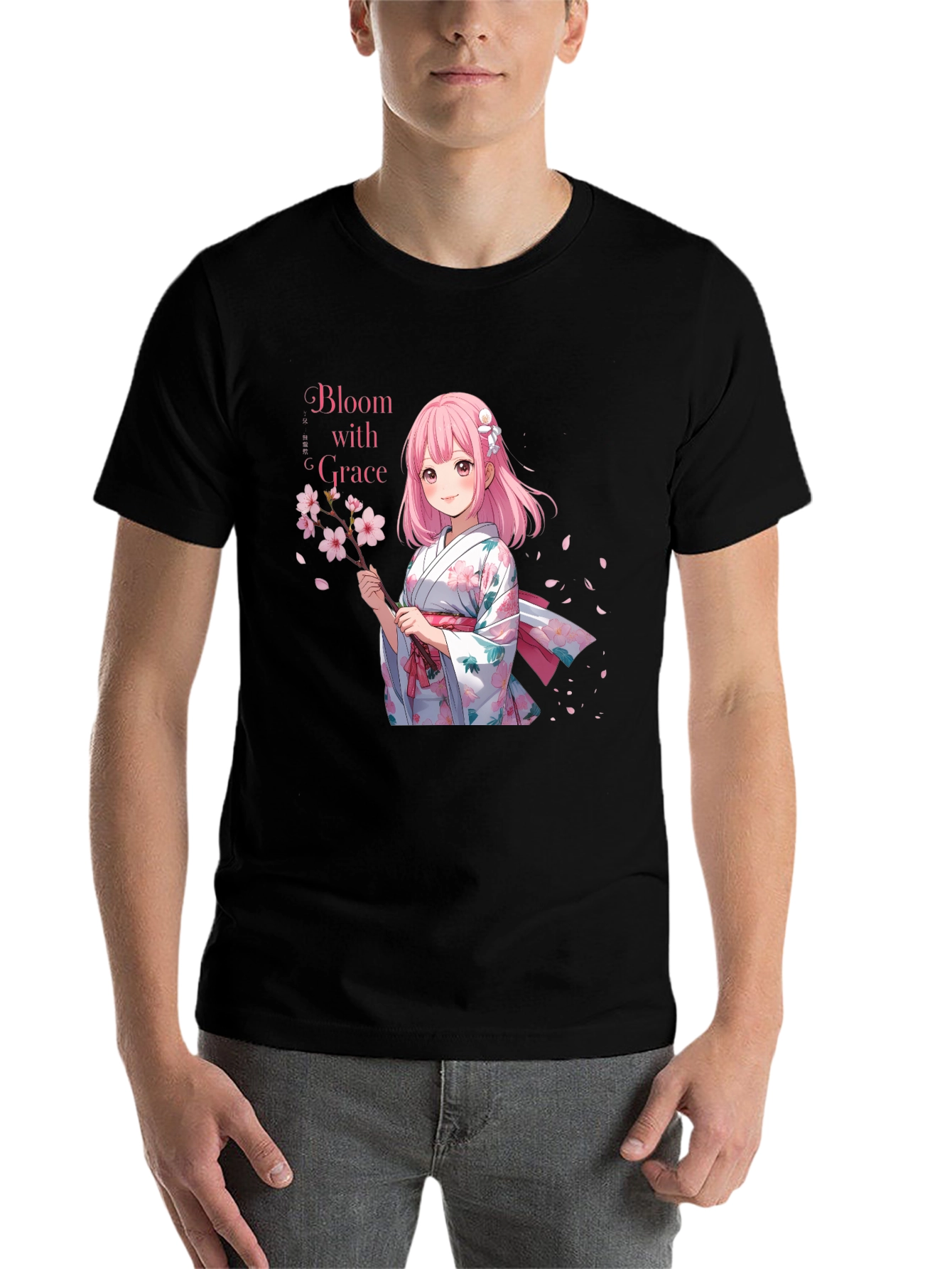 Black Anime Girl Cherry Blossom T-Shirt view 7