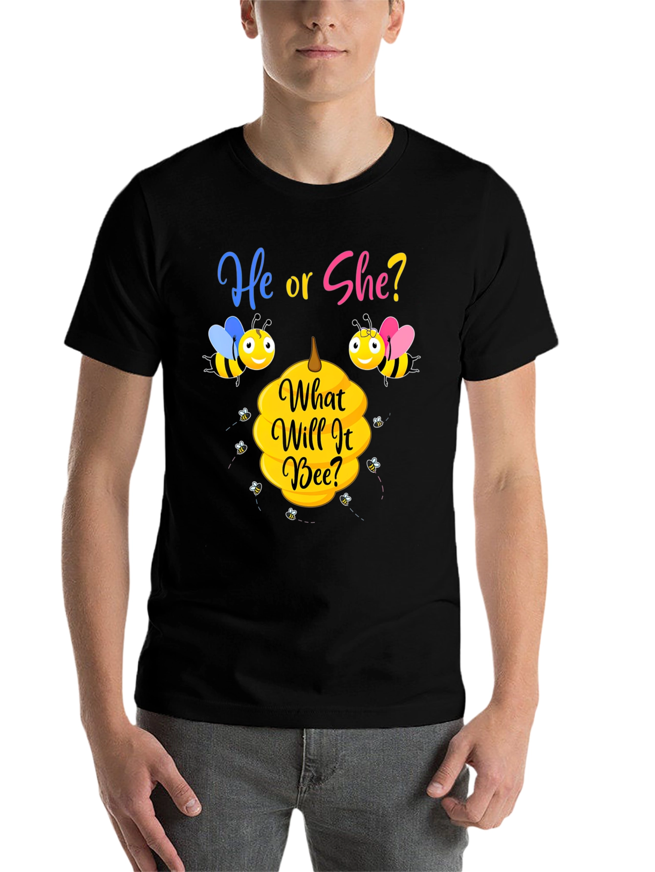 Black He or She Bee Gender Reveal T-Shirt view 7