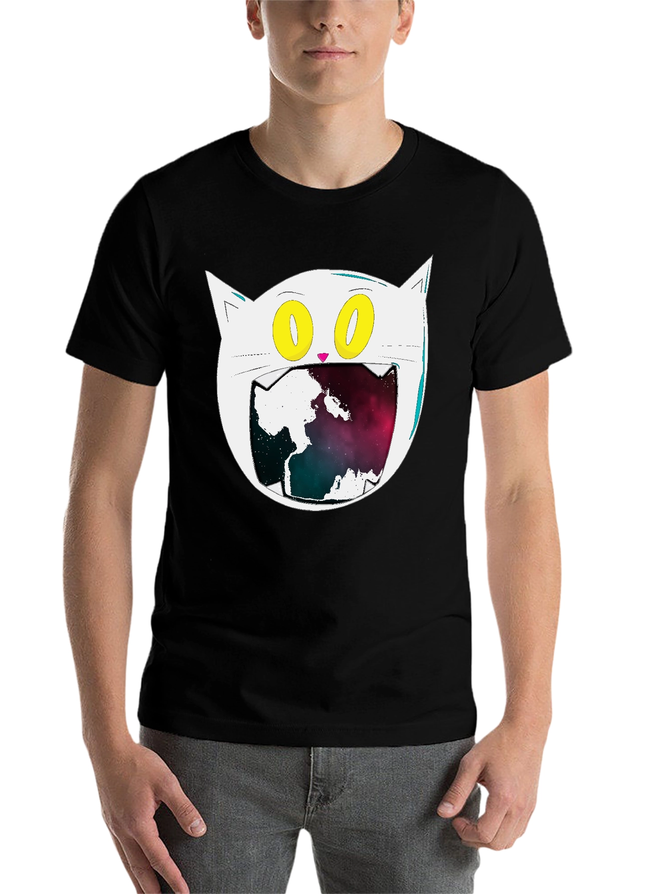 Black Cosmic Cat Graphic Tee - Black Cotton Blend view 7
