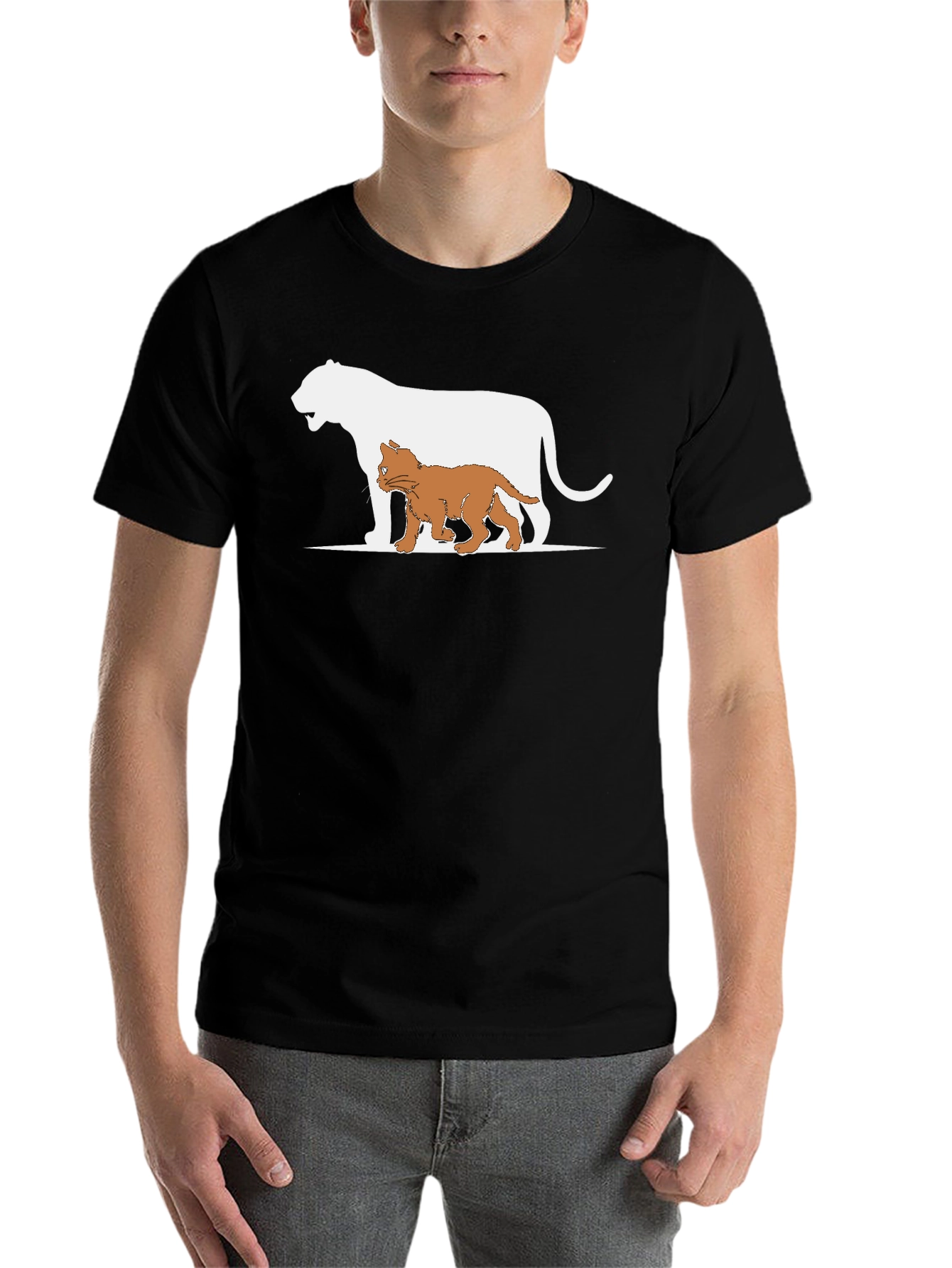 Black Cute Cat and Lion Graphic Black T-Shirt view 7