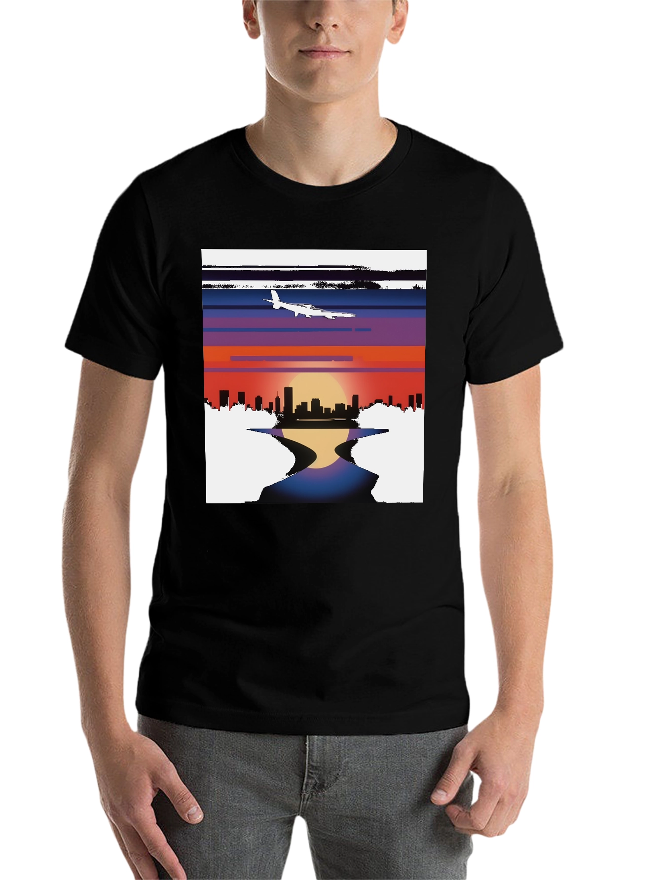 Black Sunset Airplane Cityscape Graphic Tee view 7
