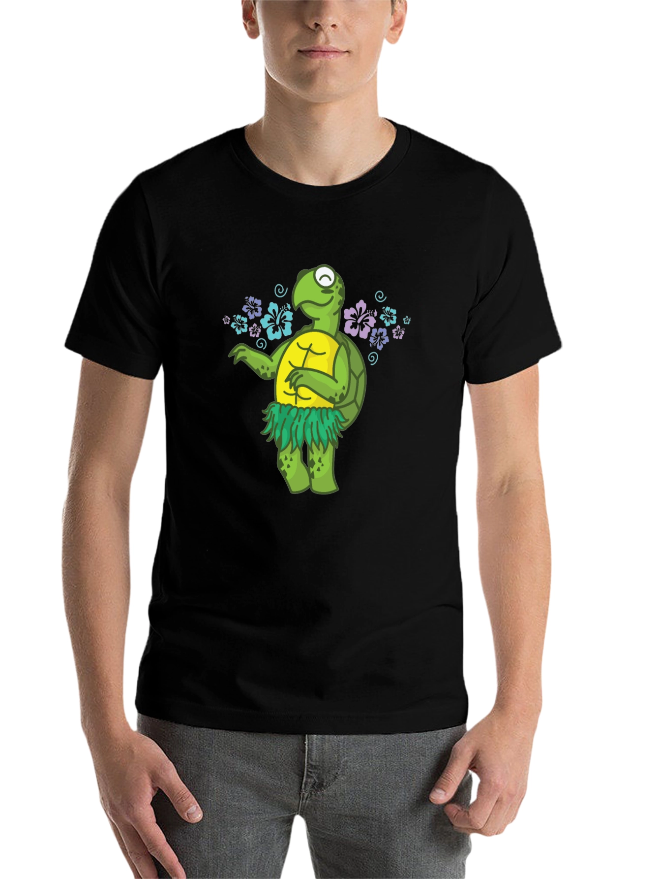 Black Funny Turtle Hula Dancer Graphic T-Shirt view 7
