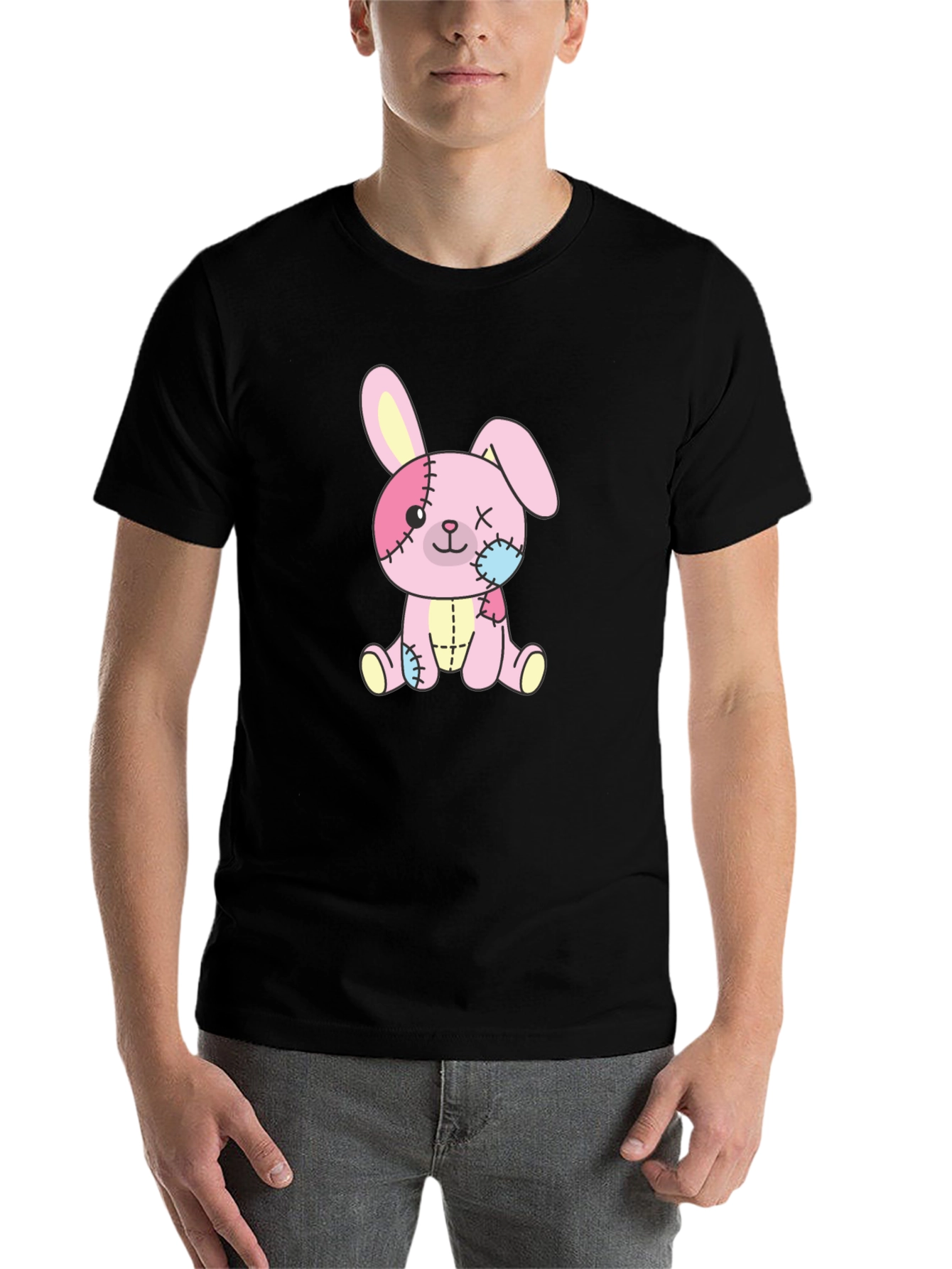 Black Cute Stitched Bunny Black T-Shirt view 7
