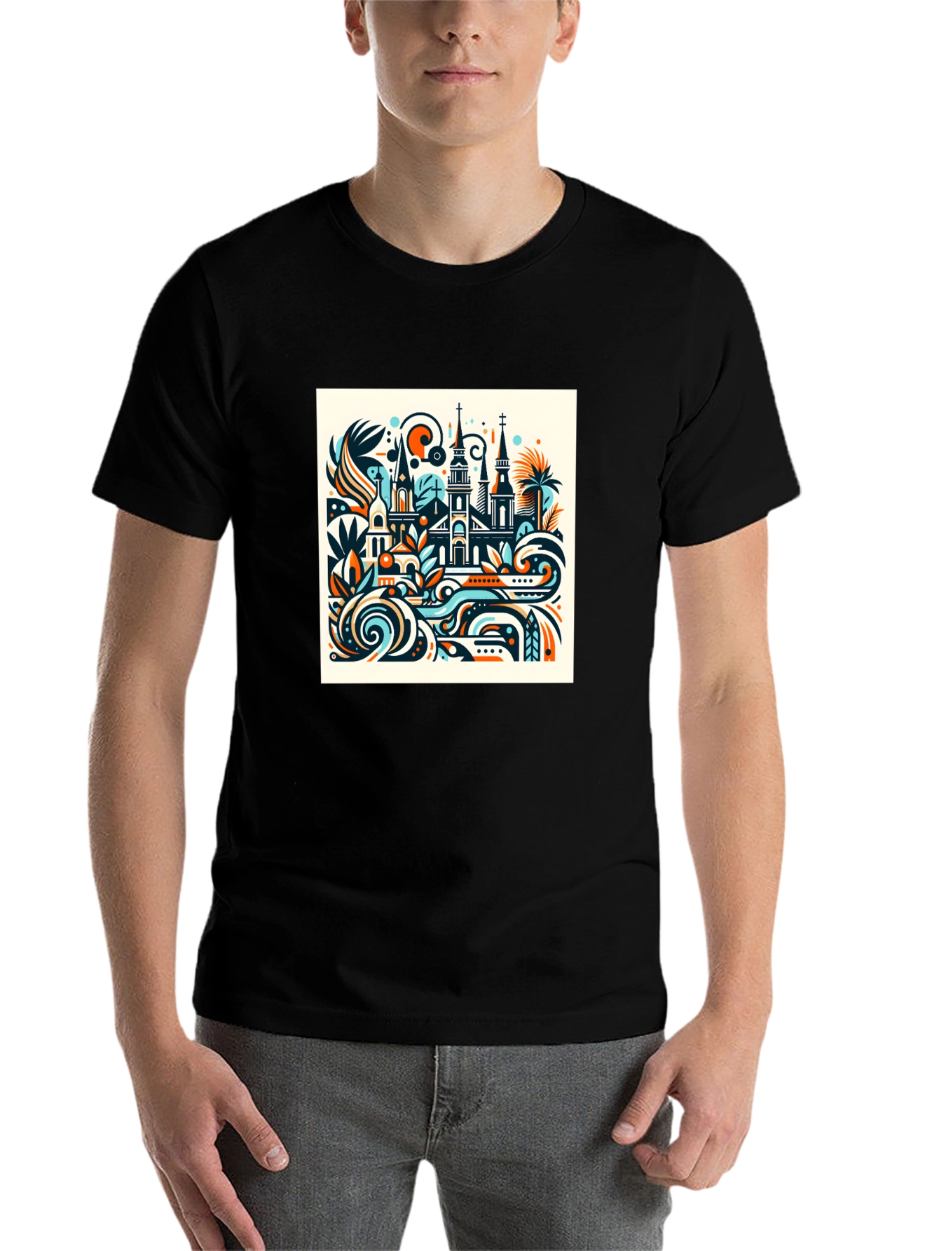 Black Abstract Cityscape Graphic Tee view 7