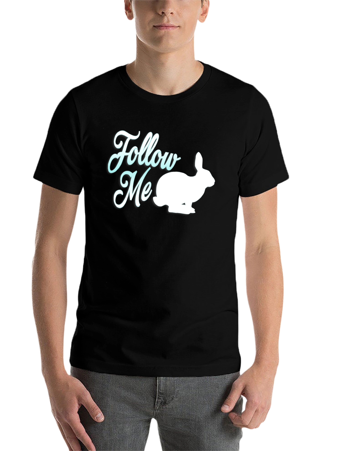 Black Follow Me Rabbit Graphic Tee - Soft Cotton Blend view 7