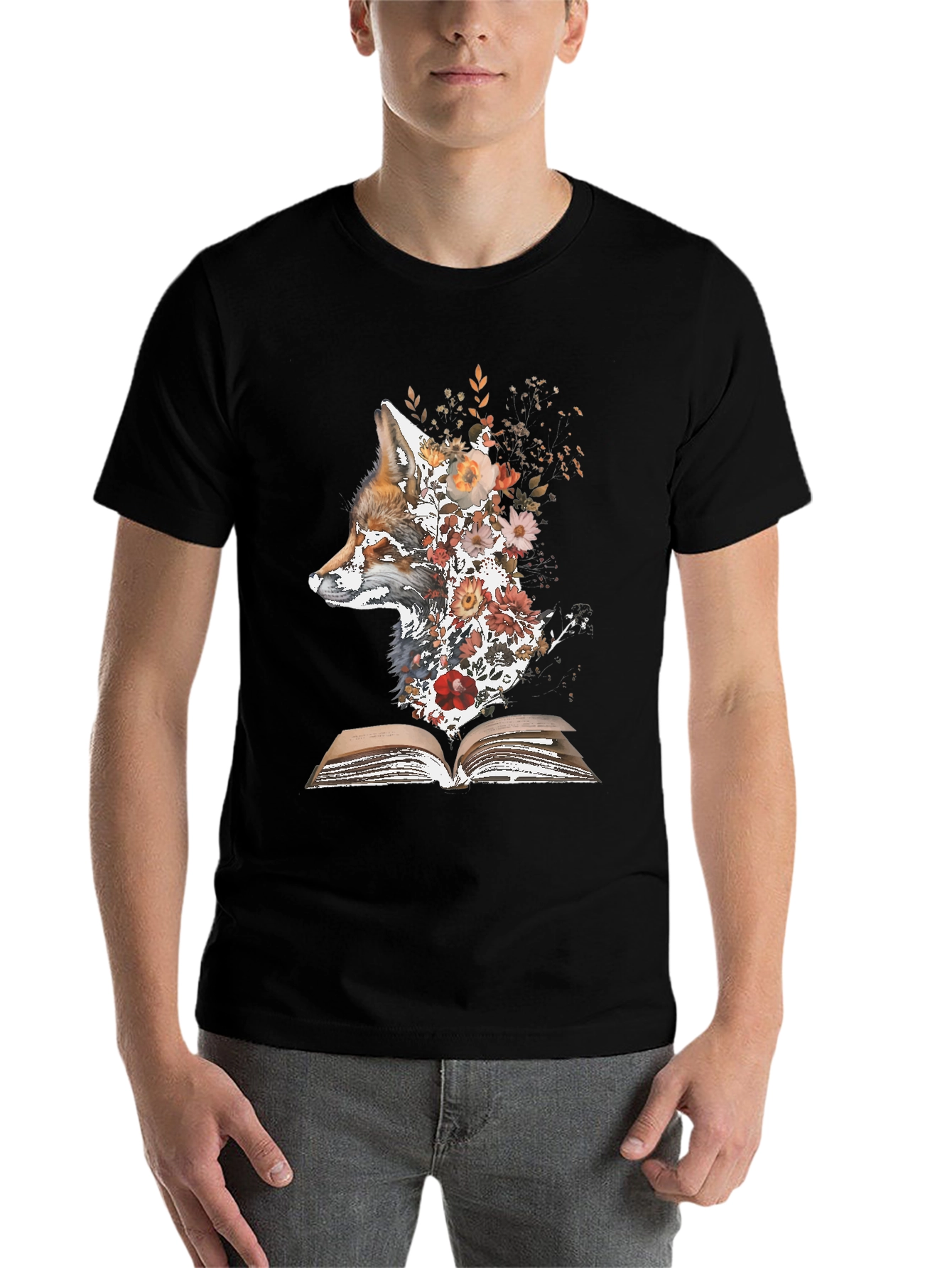Black Fox & Flowers Book T-Shirt - Unique Nature Graphic Tee view 7