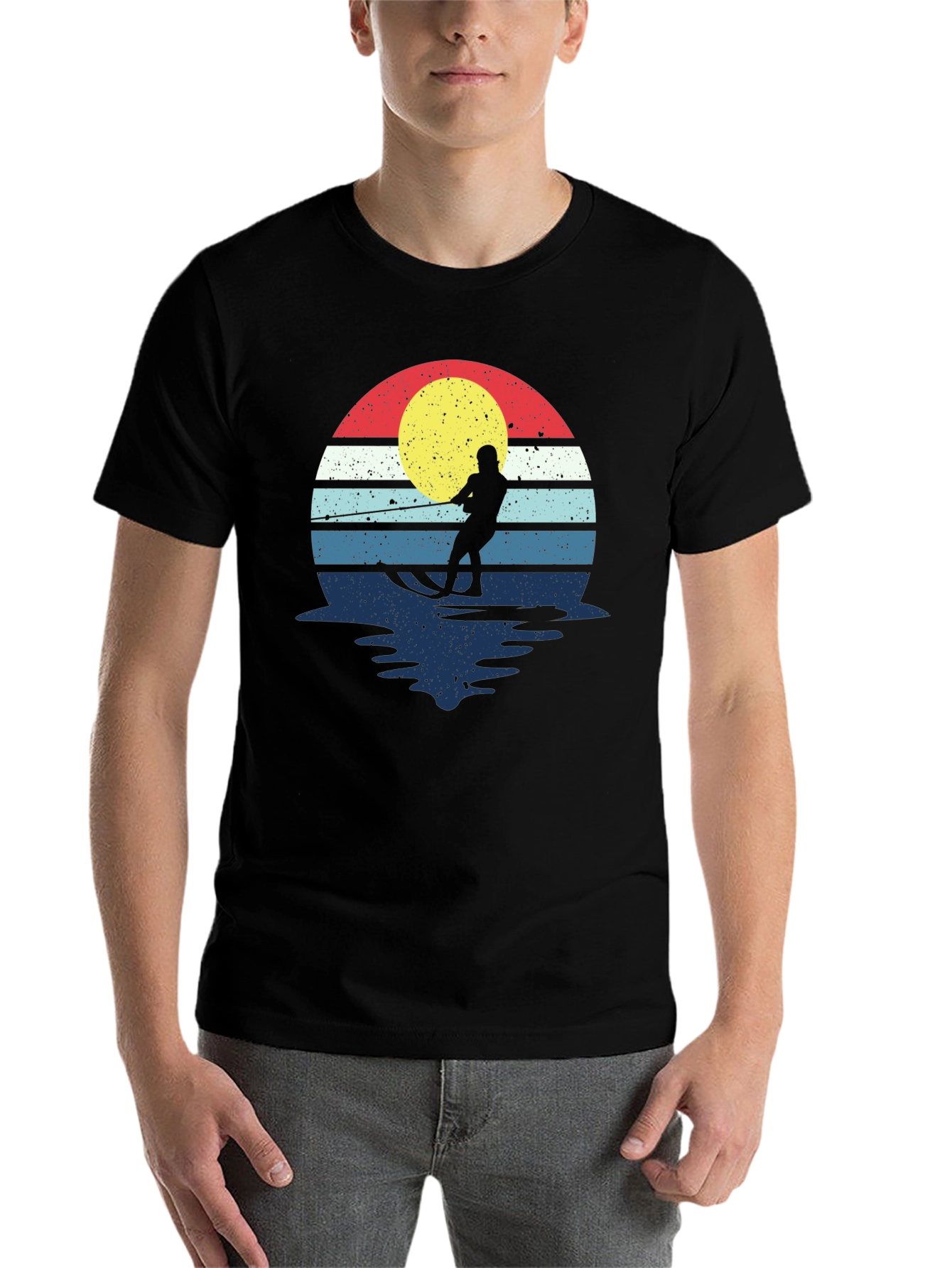 Black Retro Water Skiing T-Shirt - Vintage Sunset Design view 7