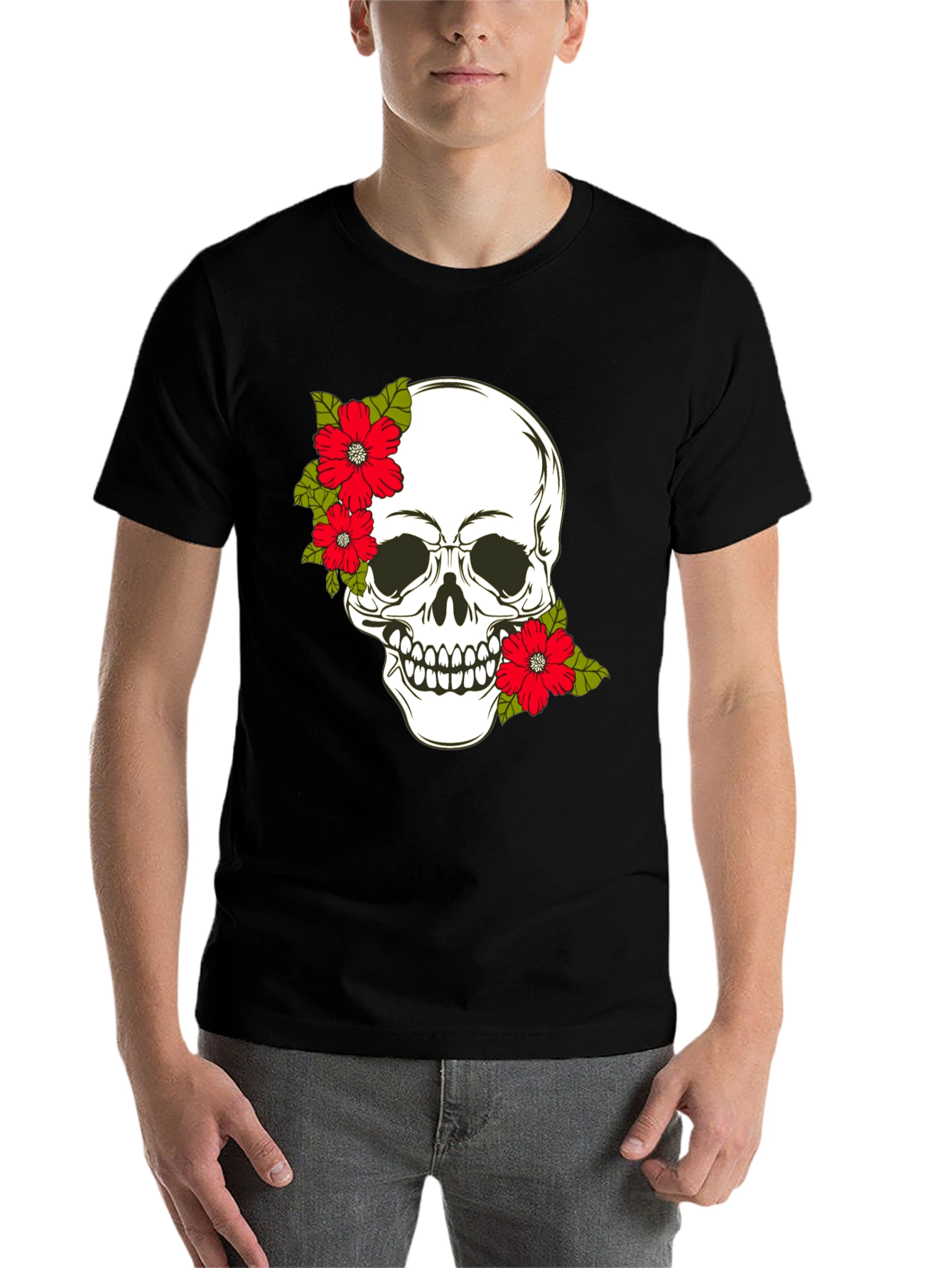 Black Skull & Floral Graphic Print Tee view 7