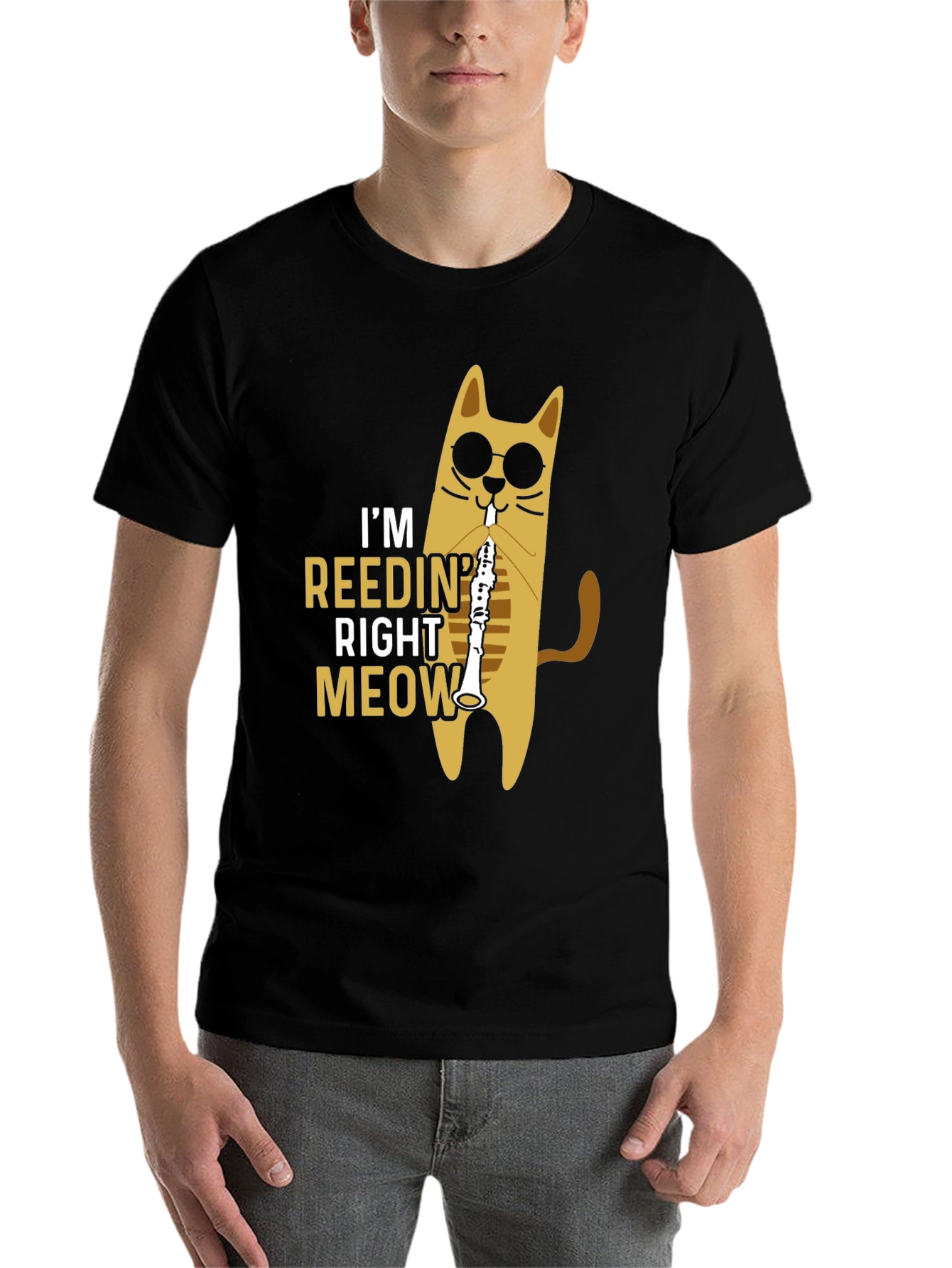 Black Cool Cat Reedin' Right Meow Black T-Shirt view 7