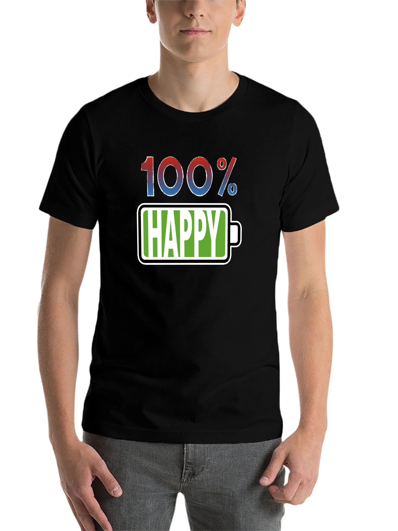 Black 100% Happy T-Shirt - Funny Battery Life Graphic Tee view 7