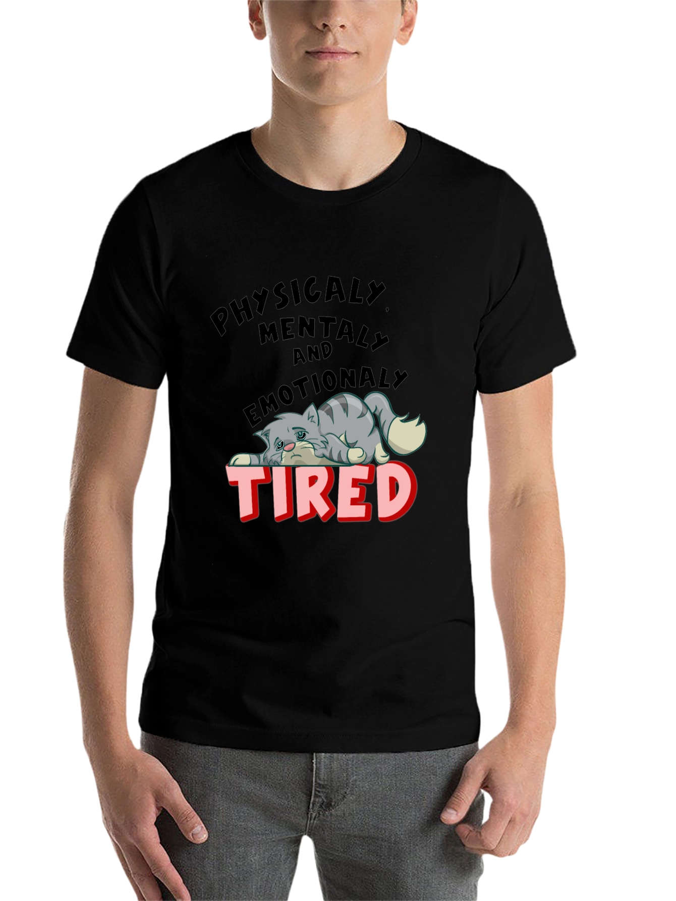 Black Emotionally Tired Cat Graphic Tee view 7
