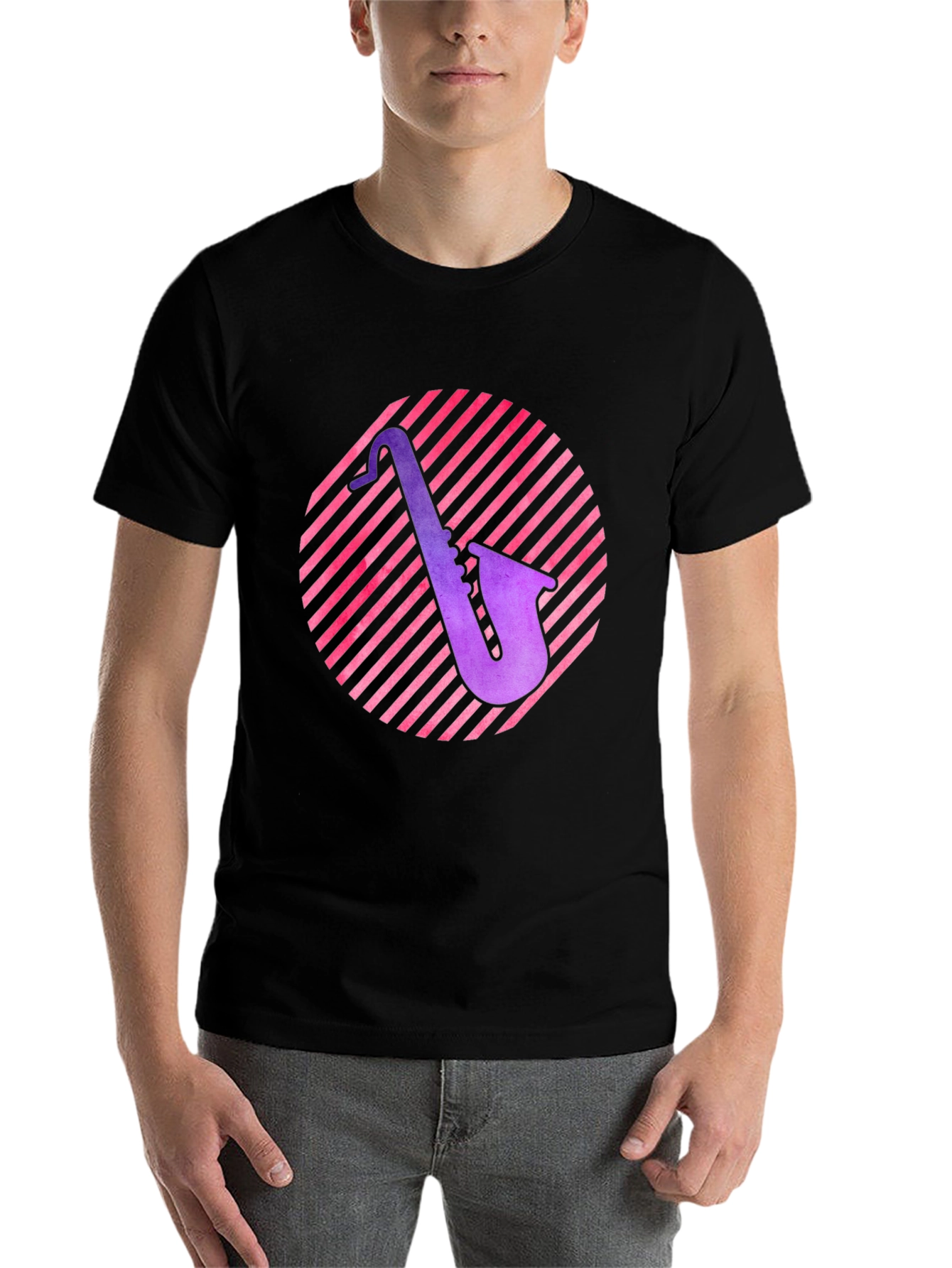 Black Saxophone Circle Graphic Tee - Black Cotton Shirt view 7
