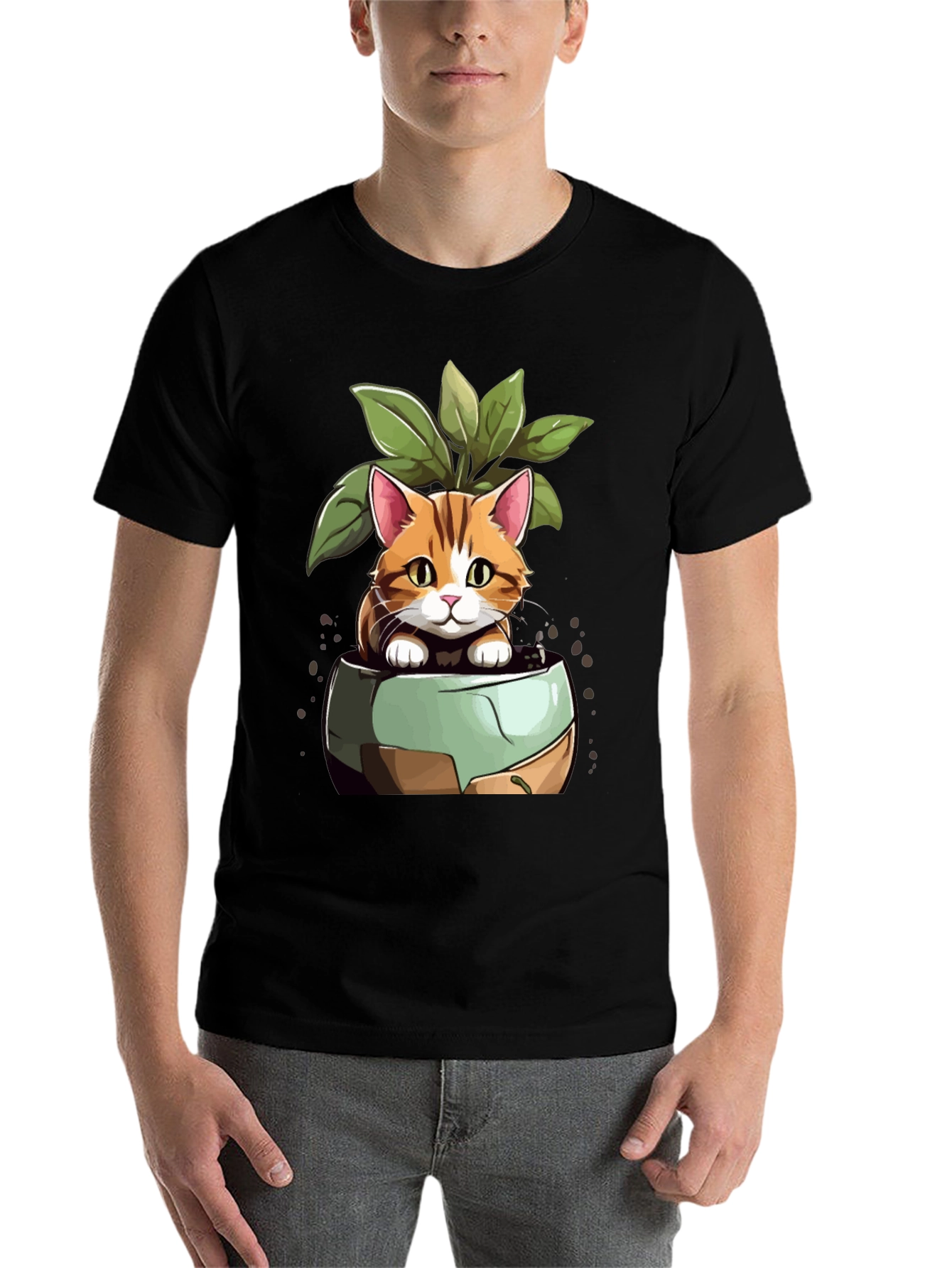 Black Cat in Pot Plant T-Shirt - Unique Design view 7