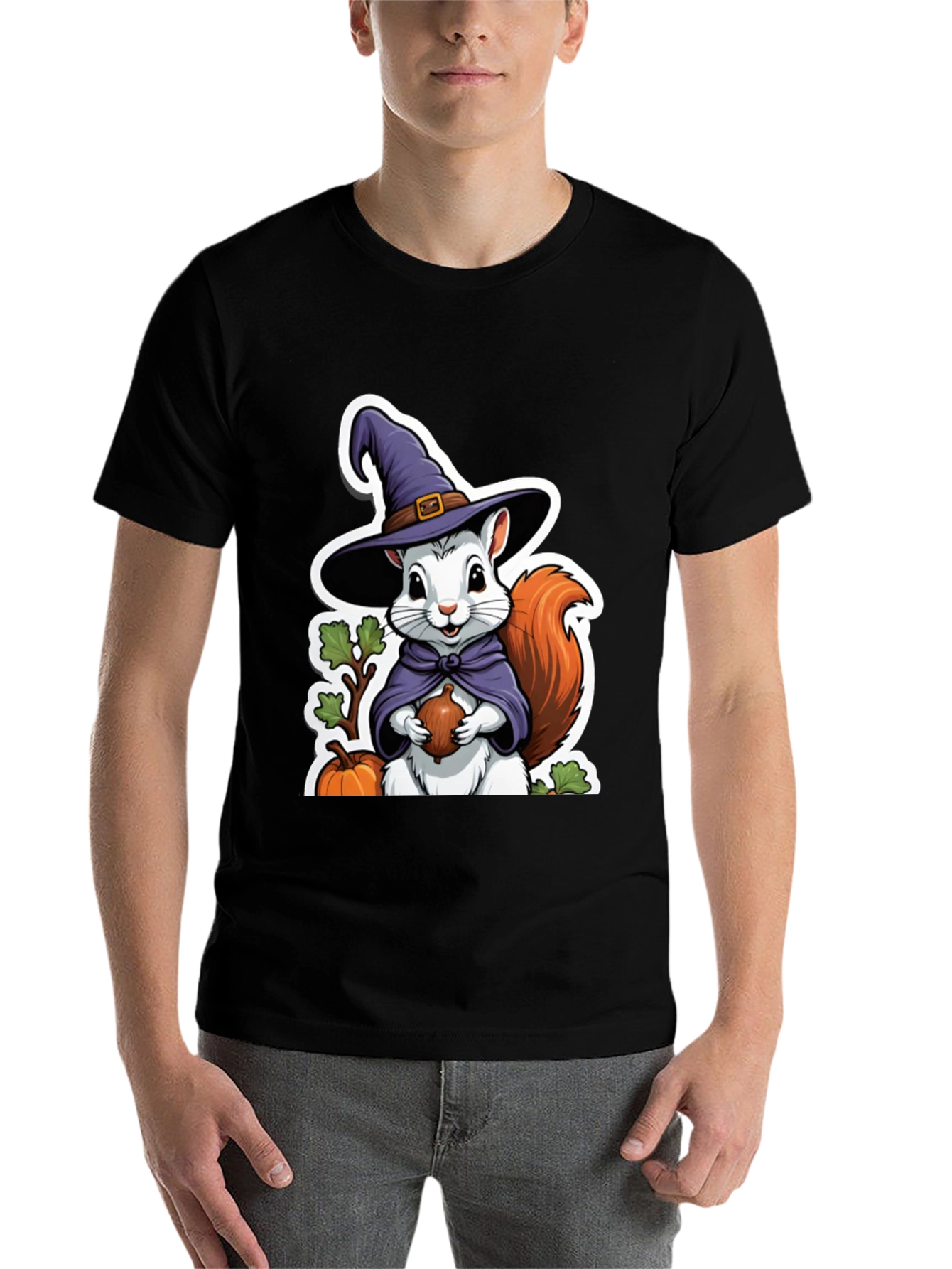 Black Whimsical Squirrel Witch T-Shirt view 7