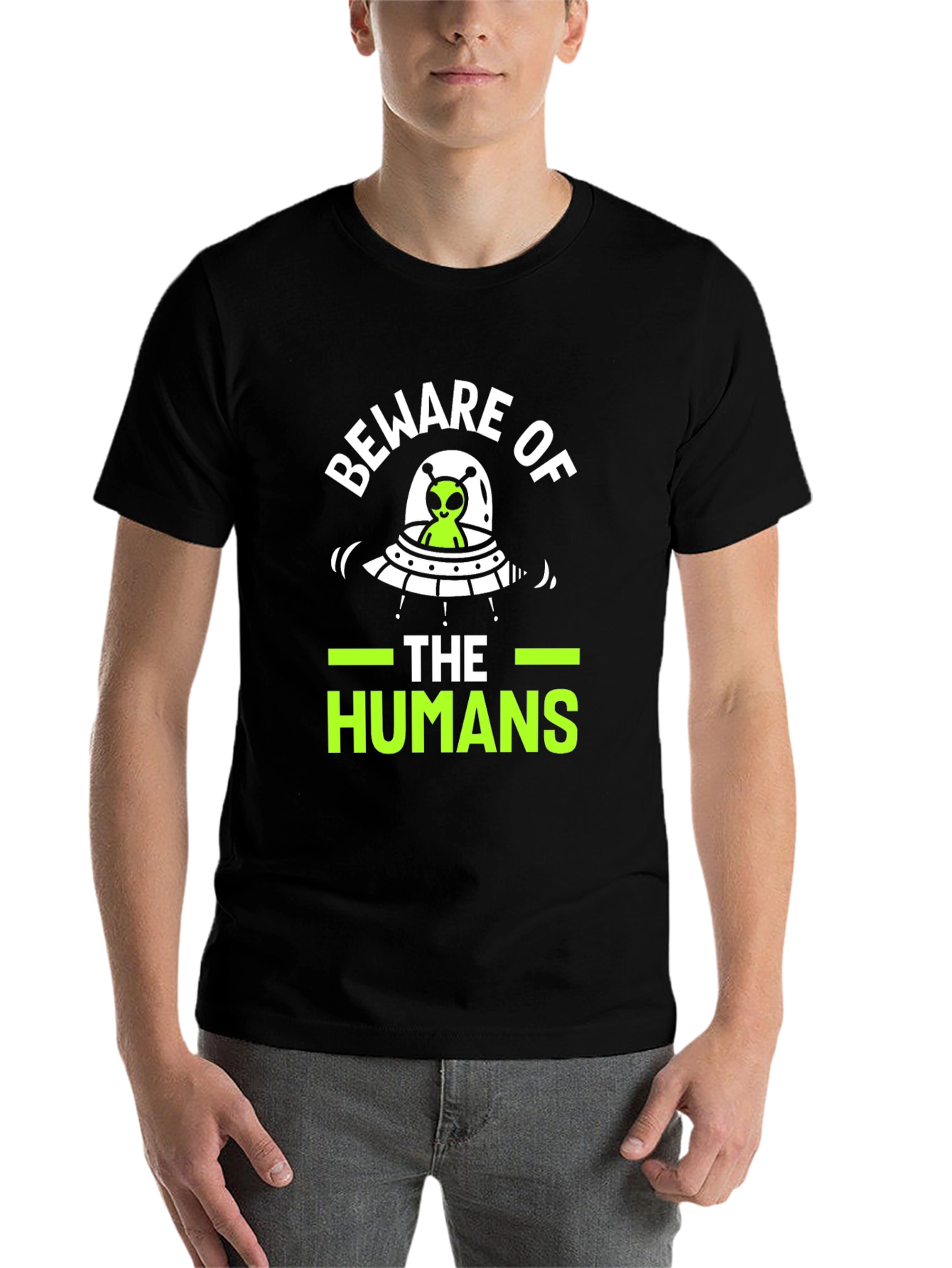 Black Beware of The Humans Alien UFO Graphic T-Shirt view 7