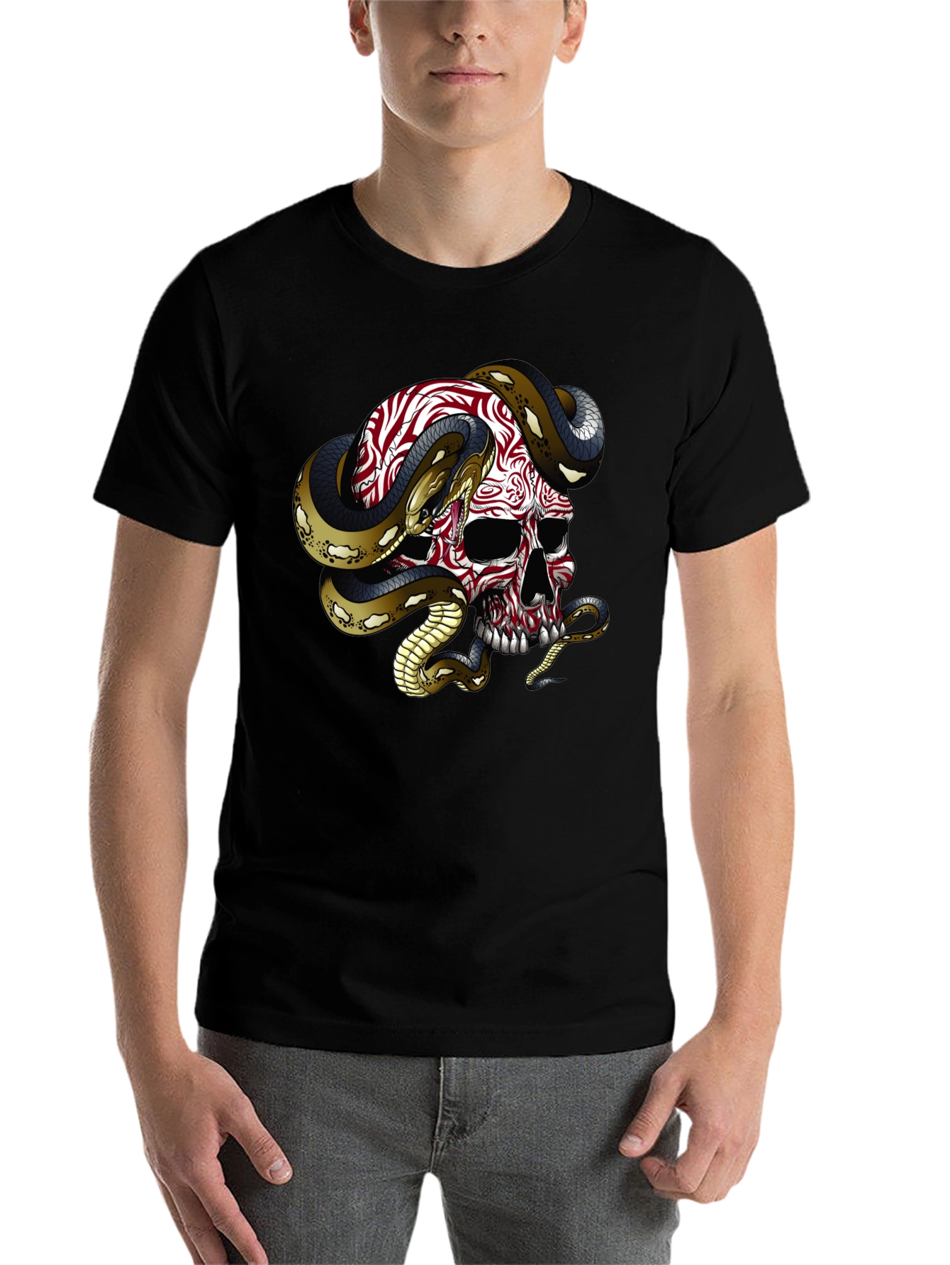 Black Skull & Snake Graphic Tee - Men's Black Cotton T-Shirt view 7