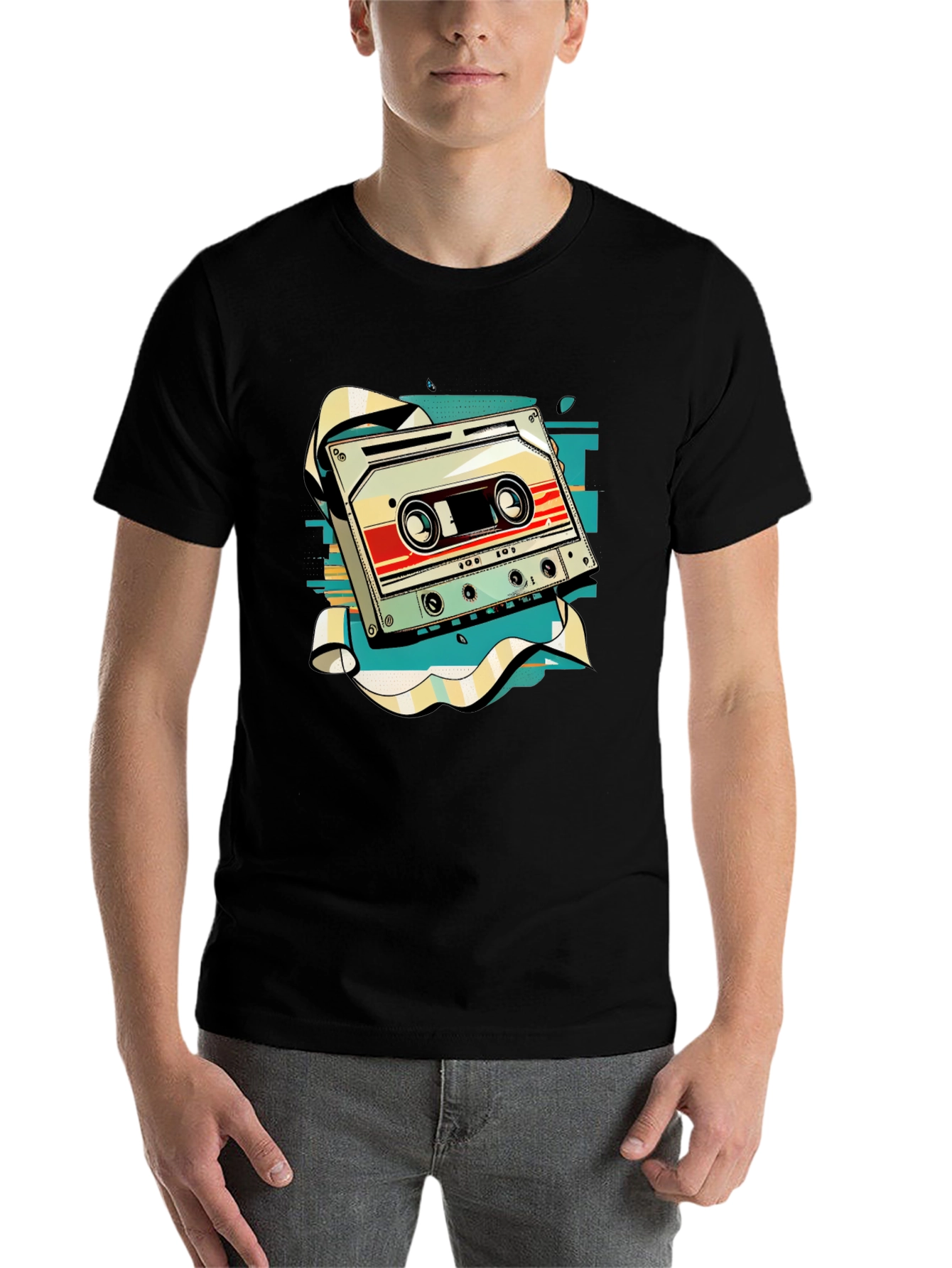 Black Retro Cassette Tape Graphic Tee - Vintage Music Style view 7