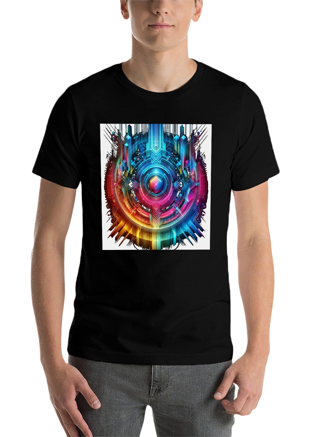 Black Abstract Geometric Rainbow Circle Graphic T-Shirt view 7