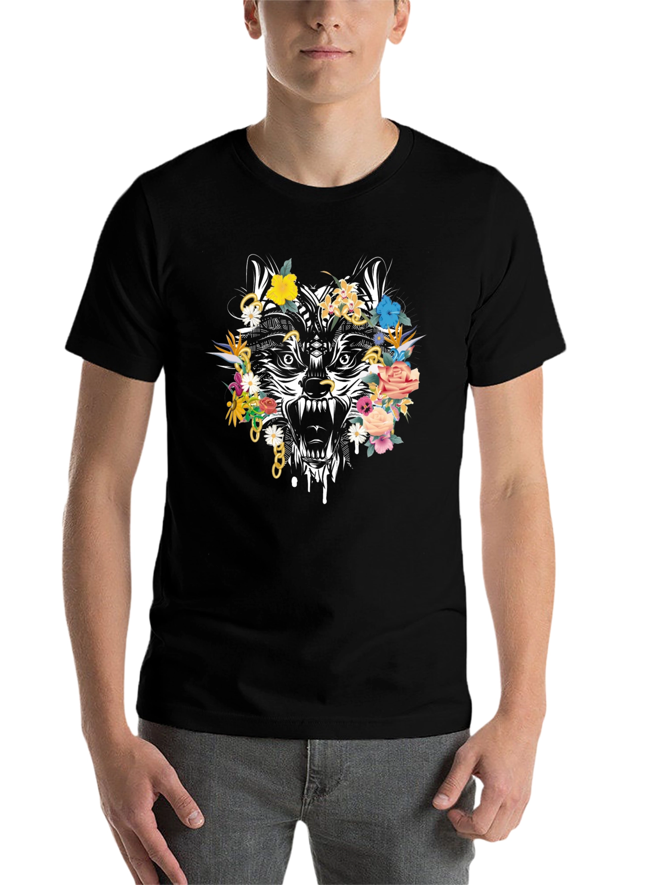Black Floral Wolf Graphic Tee - Men's Black T-Shirt view 7