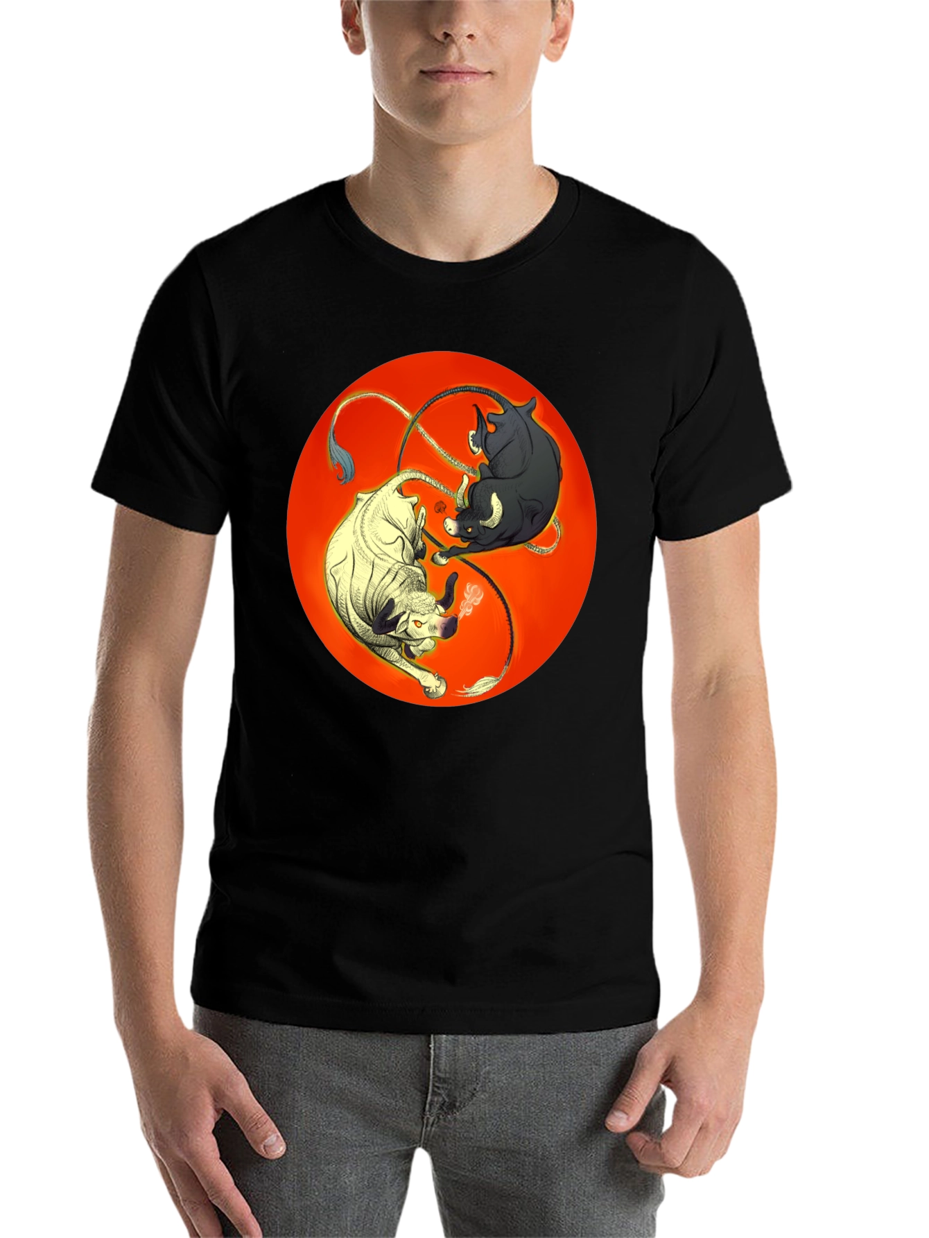 Black Yin Yang Bulls Graphic Tee - Unique Black T-Shirt view 7