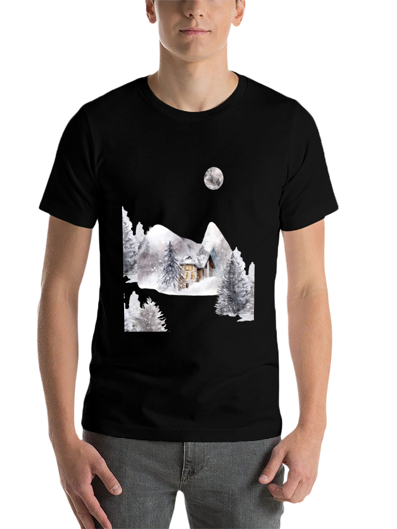 Black Winter Cabin Scene Black T-Shirt view 7