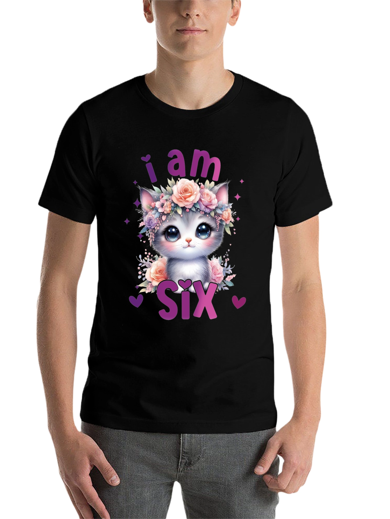 Black Cute Cat "I am Six" Birthday T-Shirt view 7