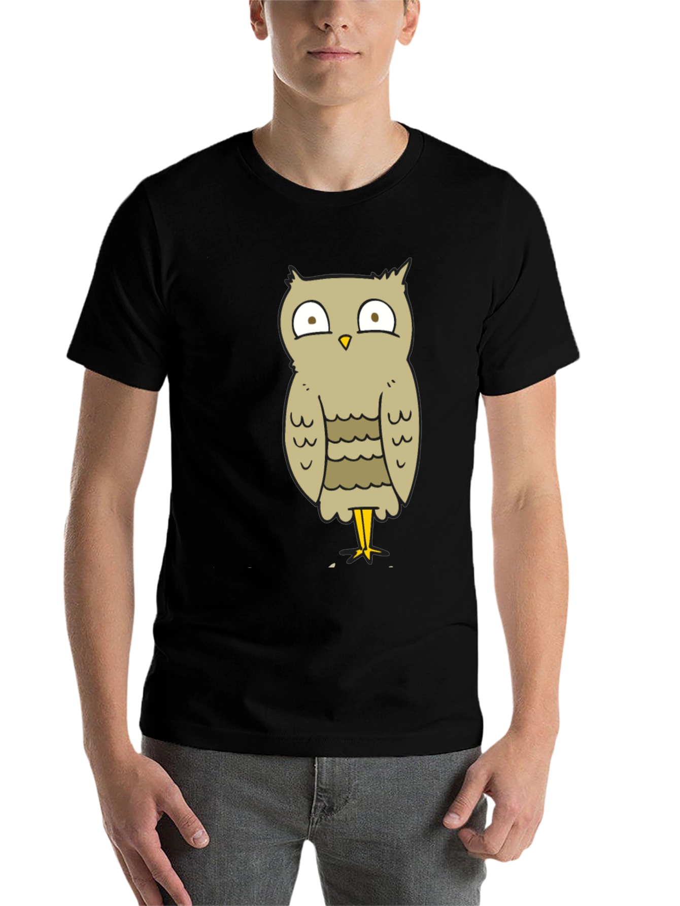 Black Funny Owl Cartoon T-Shirt - Unisex Black Tee view 7