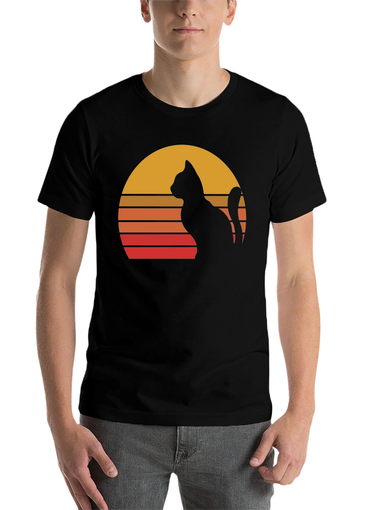 Black Retro Cat Sunset Graphic Tee - Black Cotton Blend Shirt view 7
