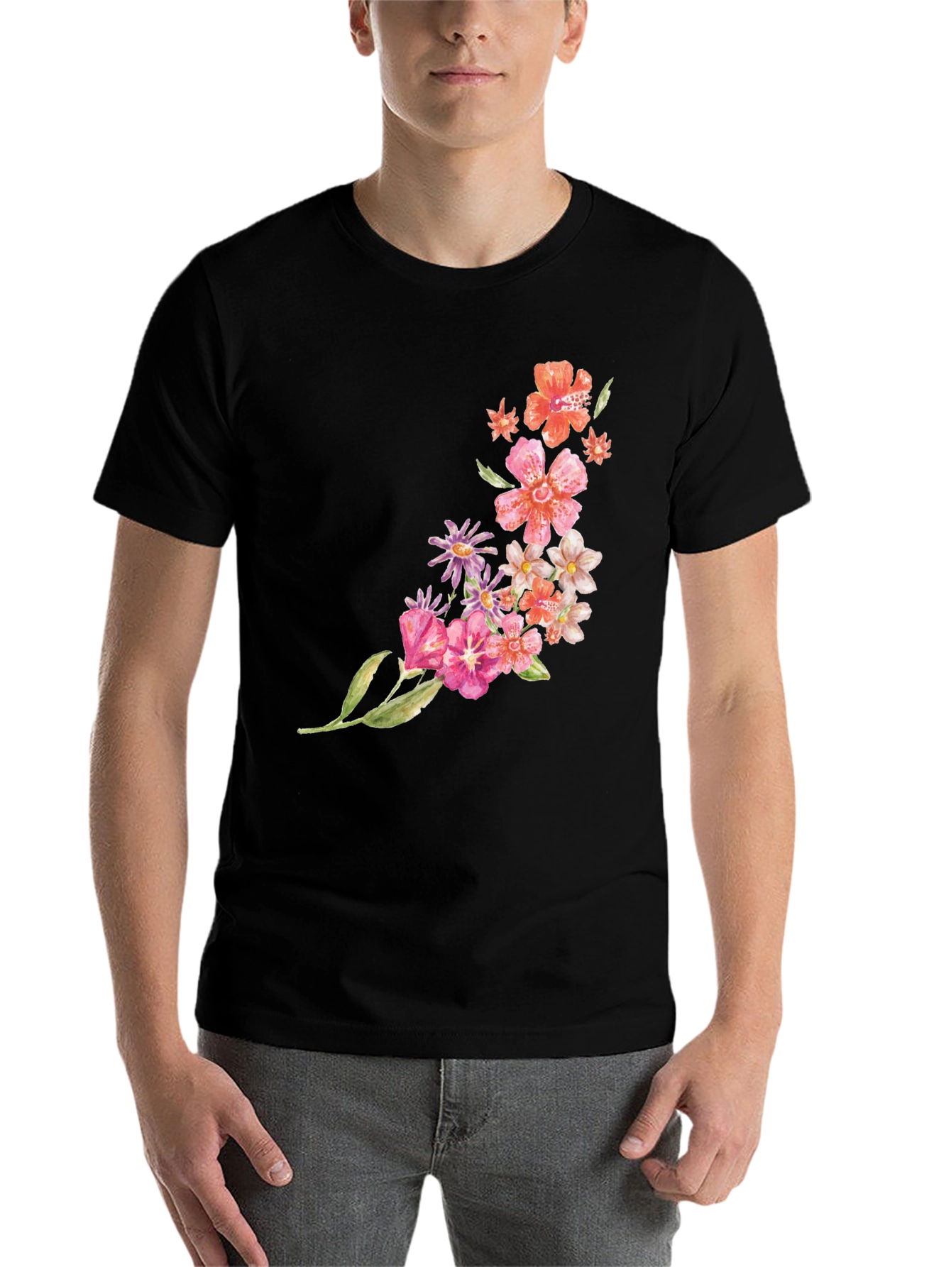Black Floral Print Crew Neck T-Shirt - Casual Style view 7