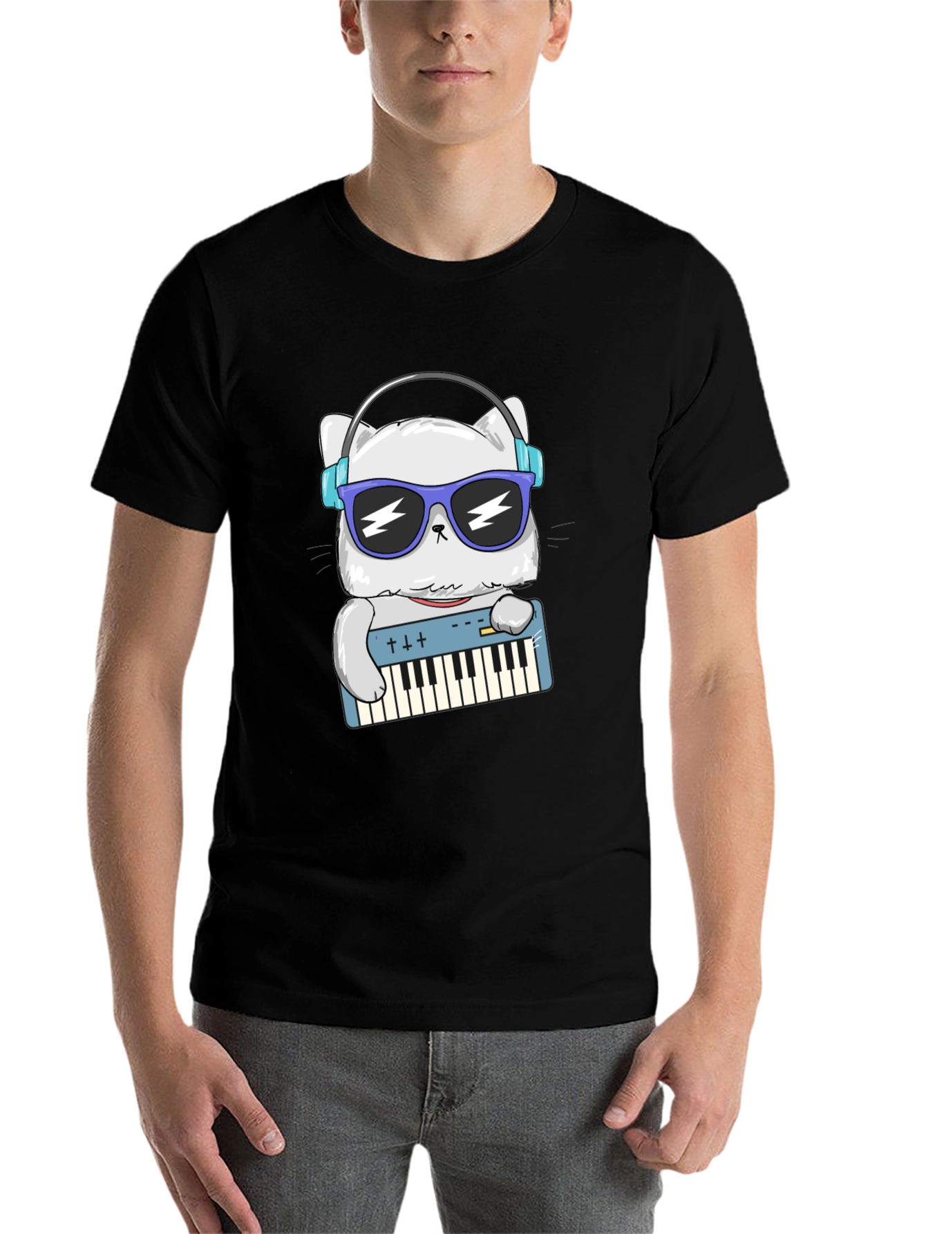 Black Cool Cat Musician Graphic T-Shirt view 7