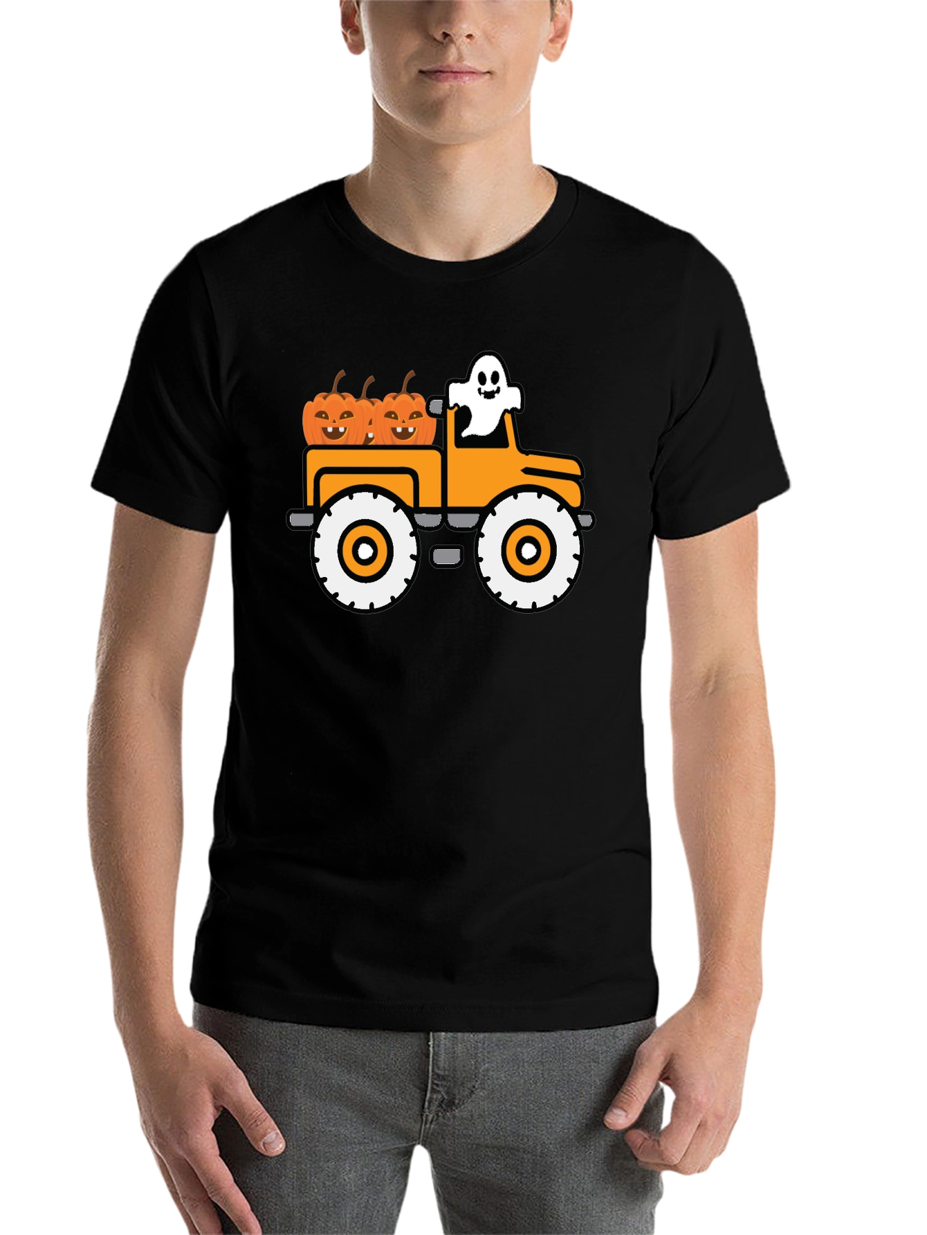 Black Halloween Ghost Pumpkin Truck T-Shirt view 7