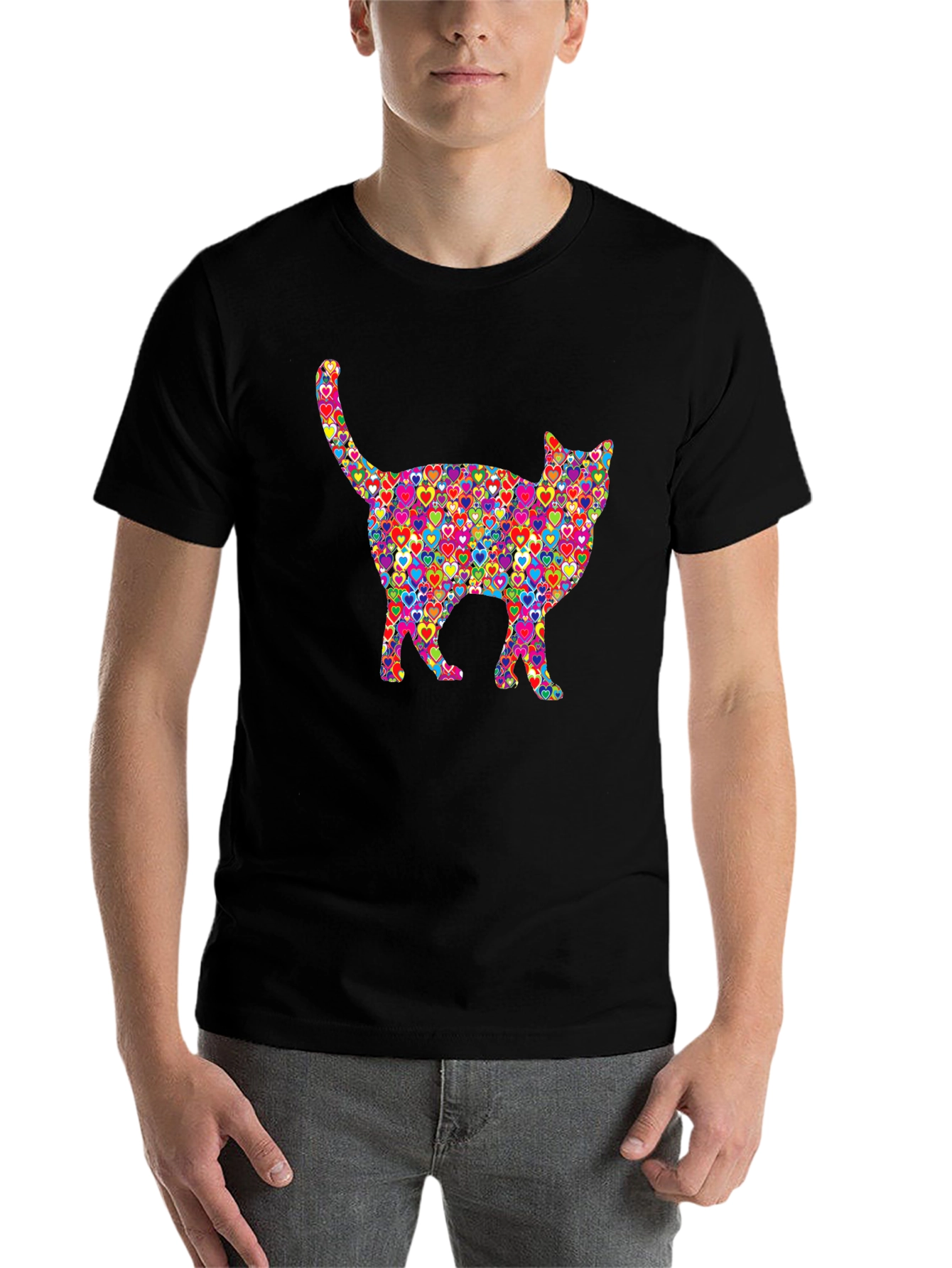Black Colorful Heart Cat Graphic T-Shirt view 7