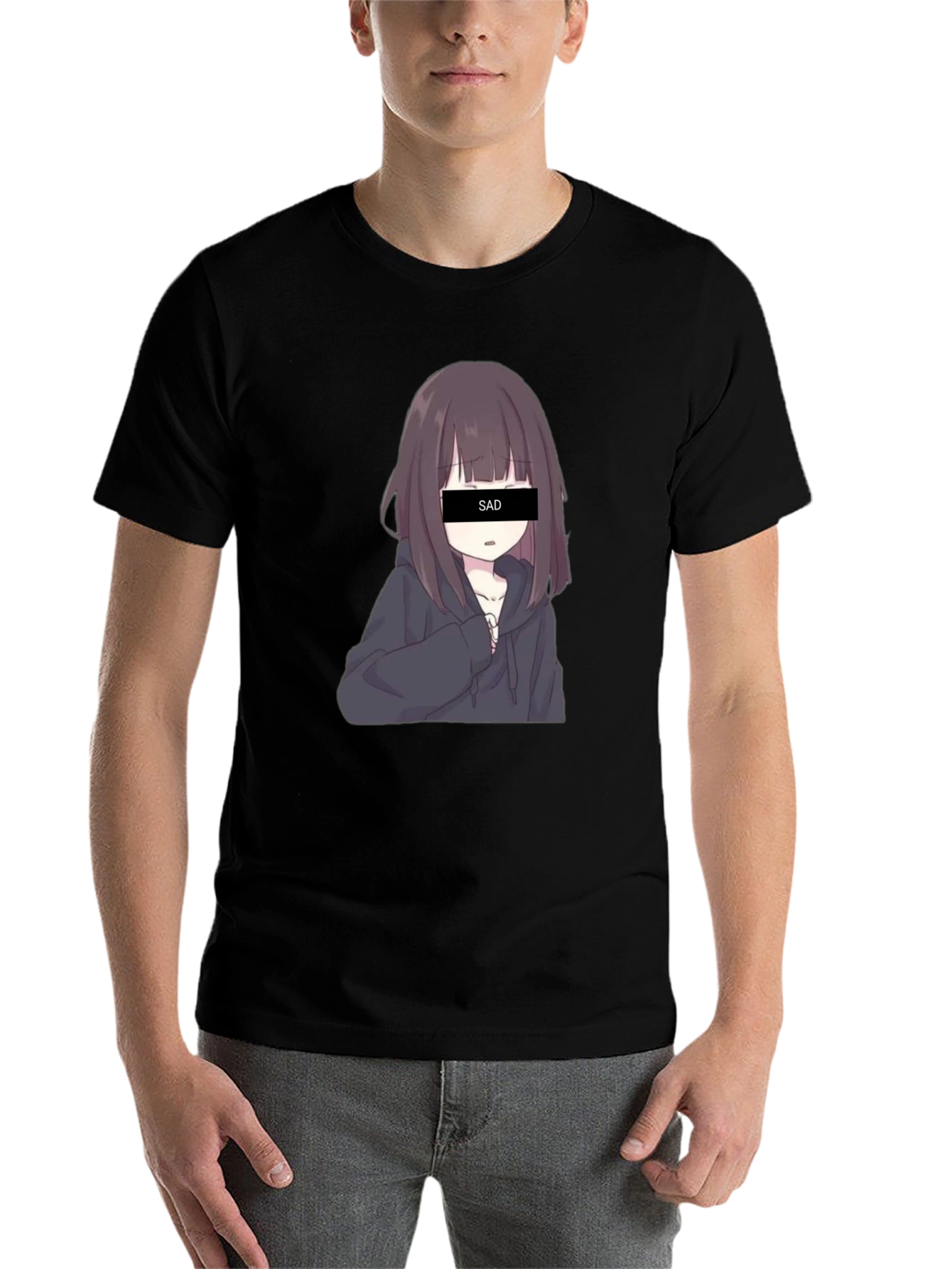 Black Anime Sad Girl Graphic Print Black T-Shirt view 7