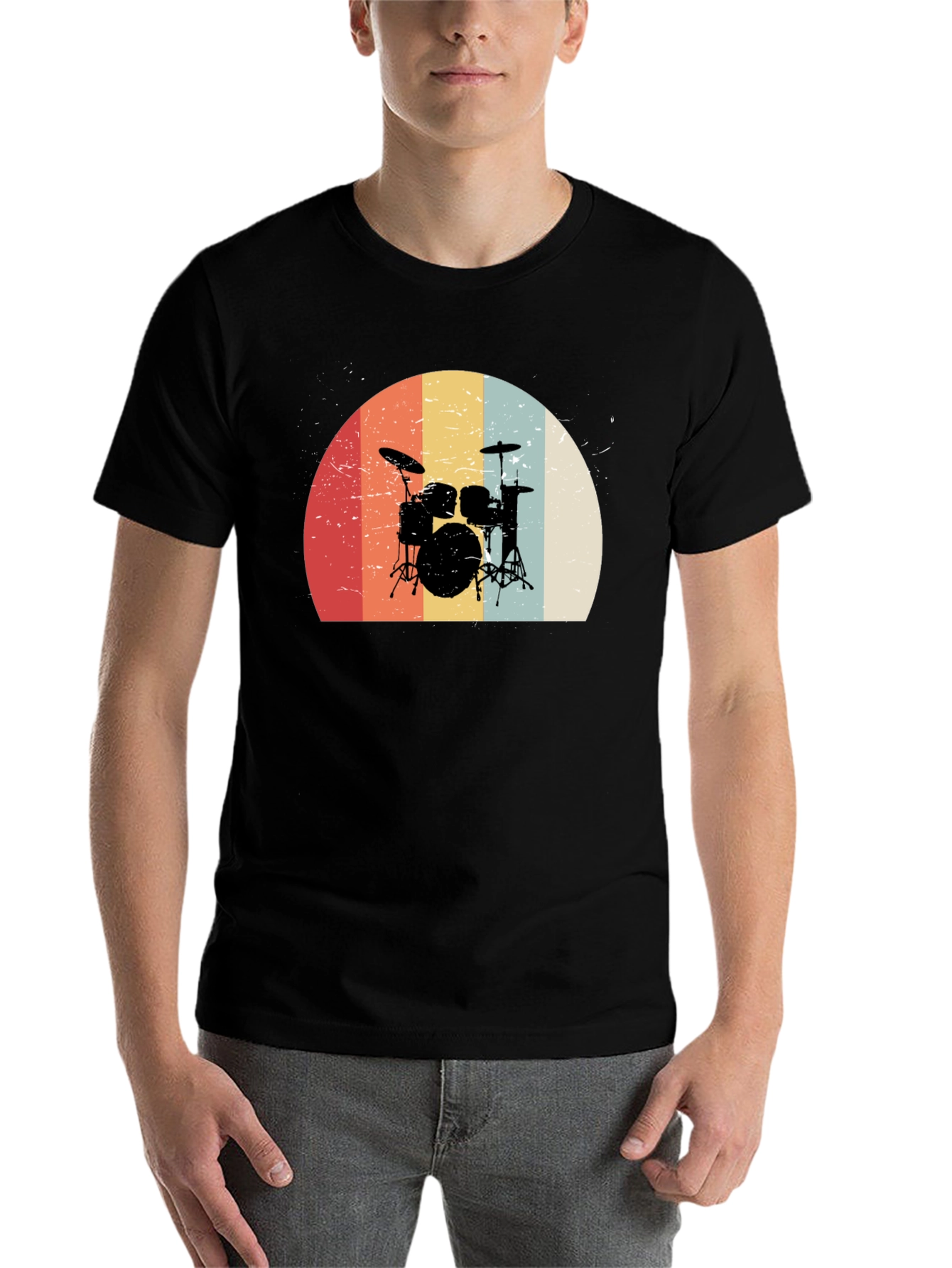 Black Retro Drum Set Graphic Tee - Black view 7