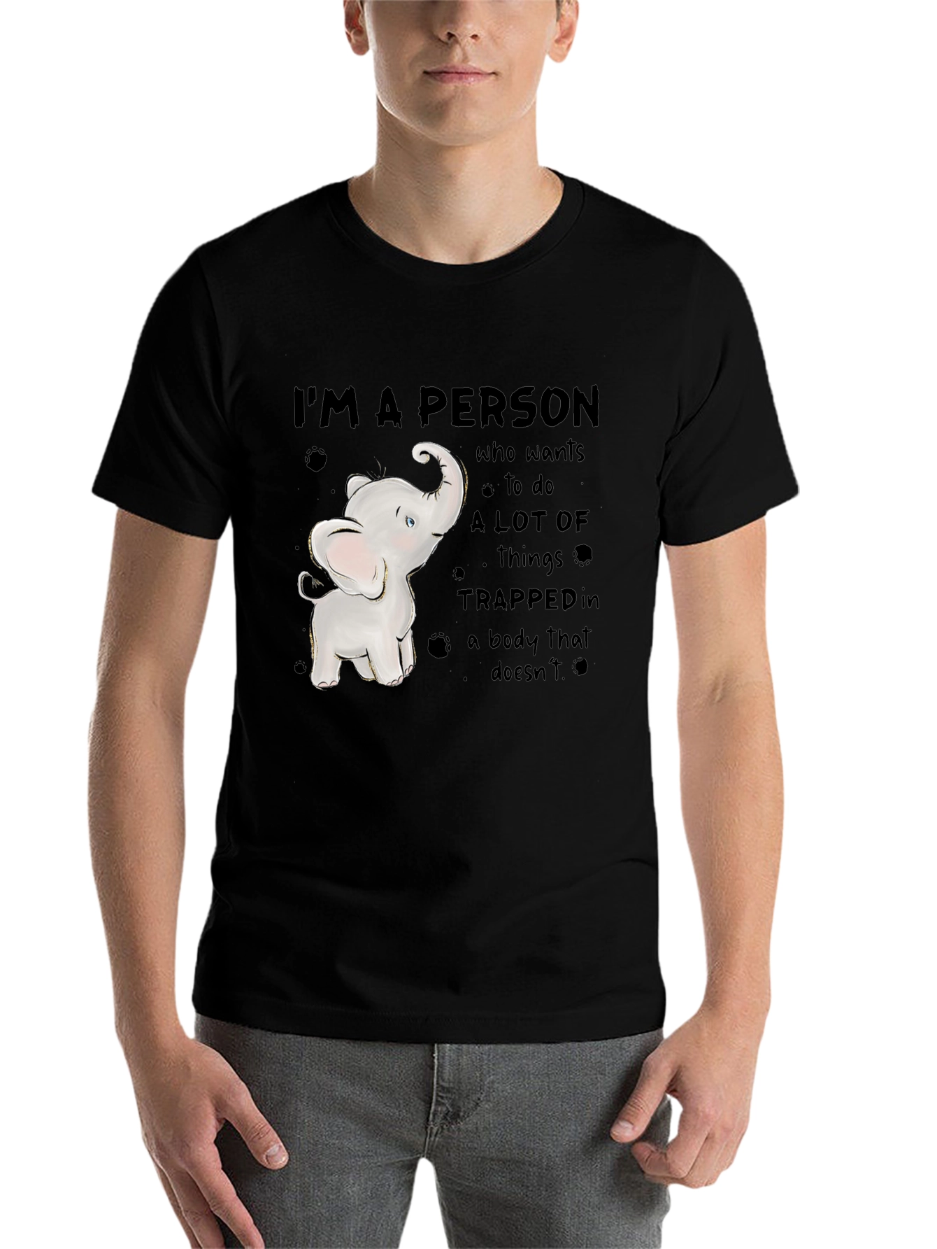 Black Elephant Person T-Shirt - Trapped in Body Design view 7