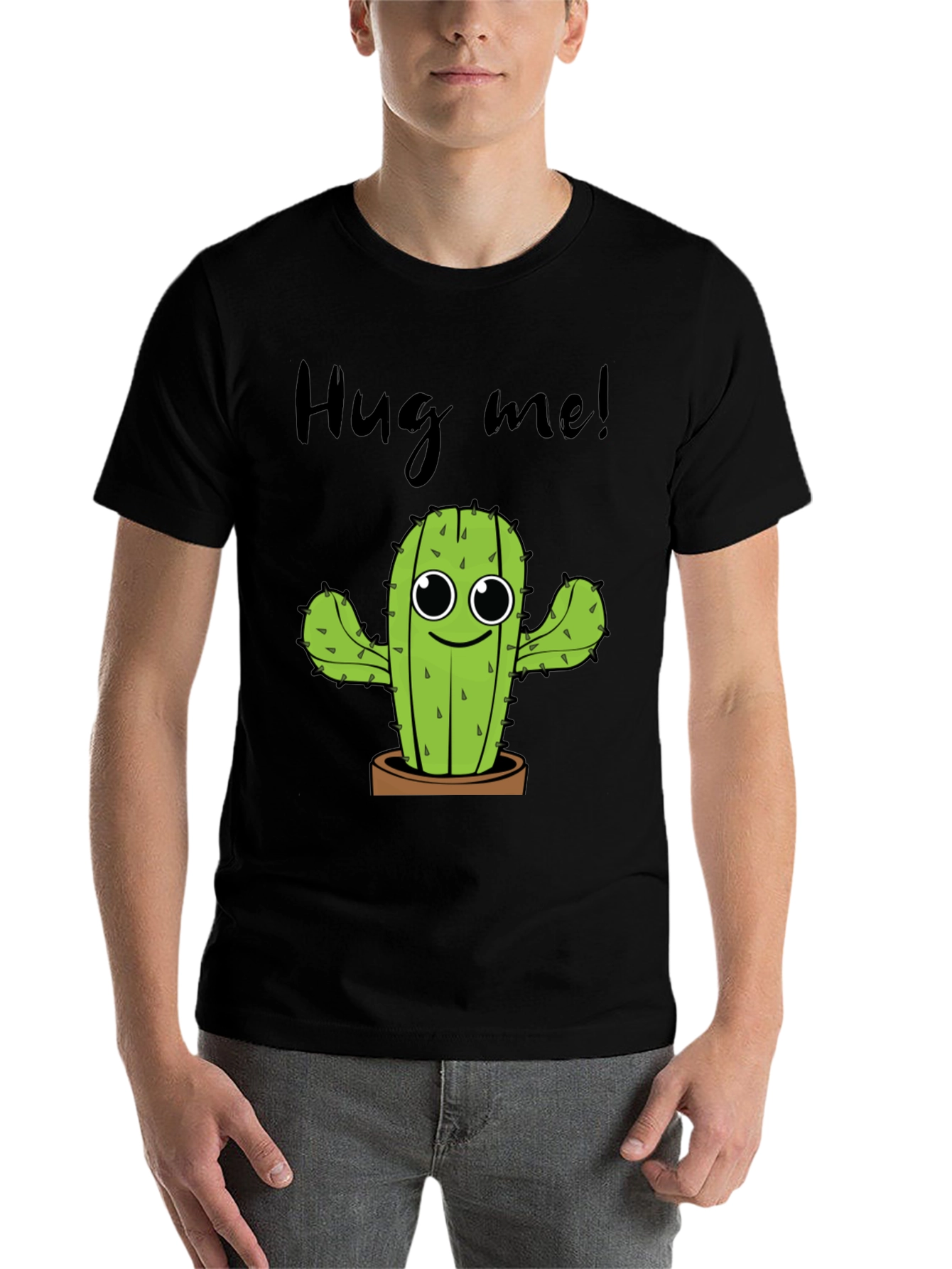 Black Hug Me Cactus Graphic Tee - Unisex Cotton T-Shirt view 7