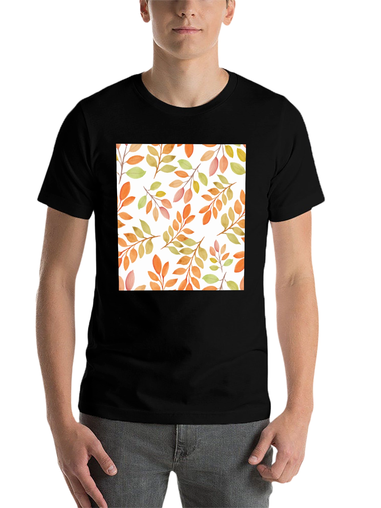 Black Autumn Leaves Pattern Black T-Shirt view 7