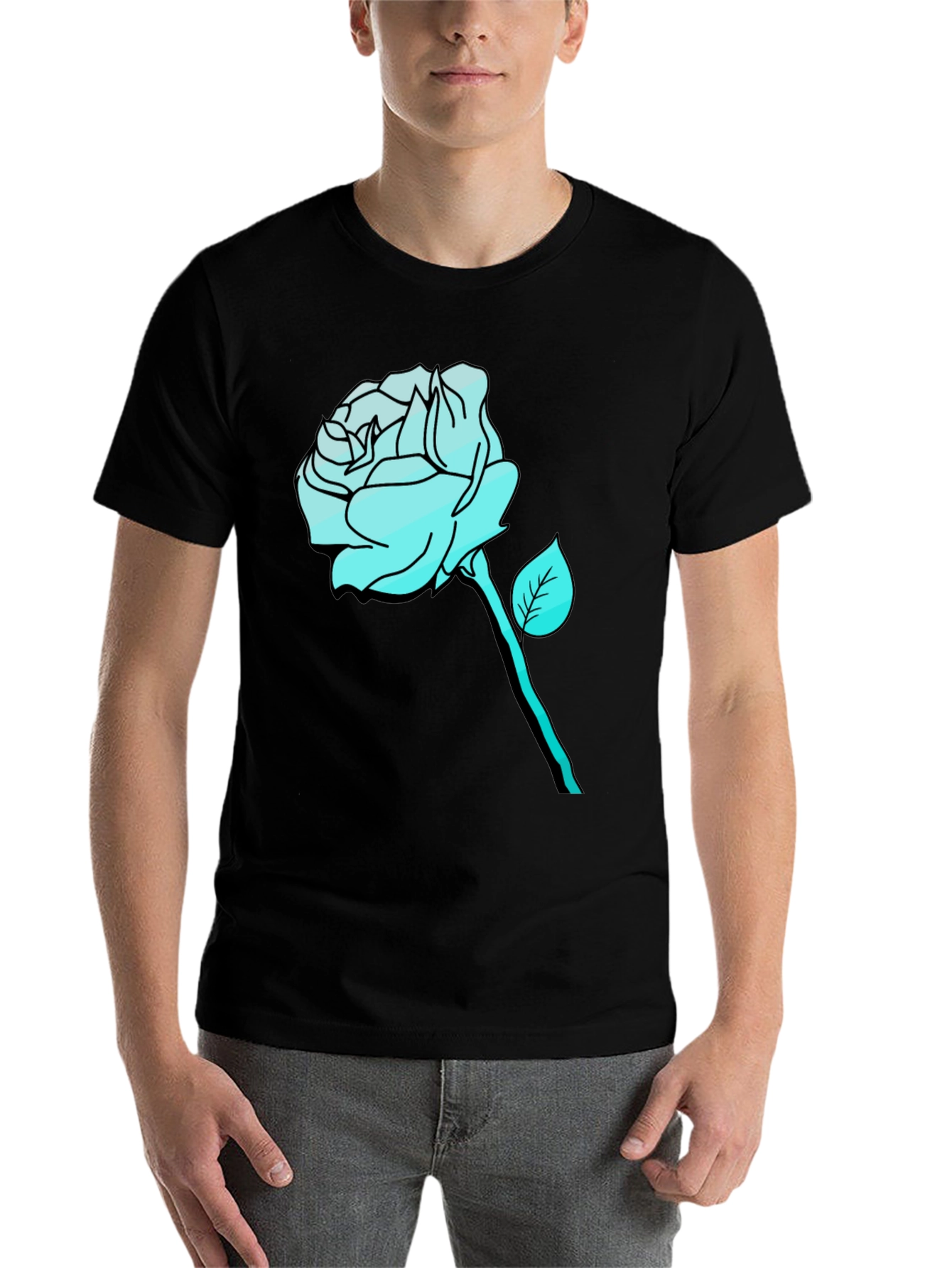 Black Men's Black T-Shirt with Aqua Rose Graphic view 7