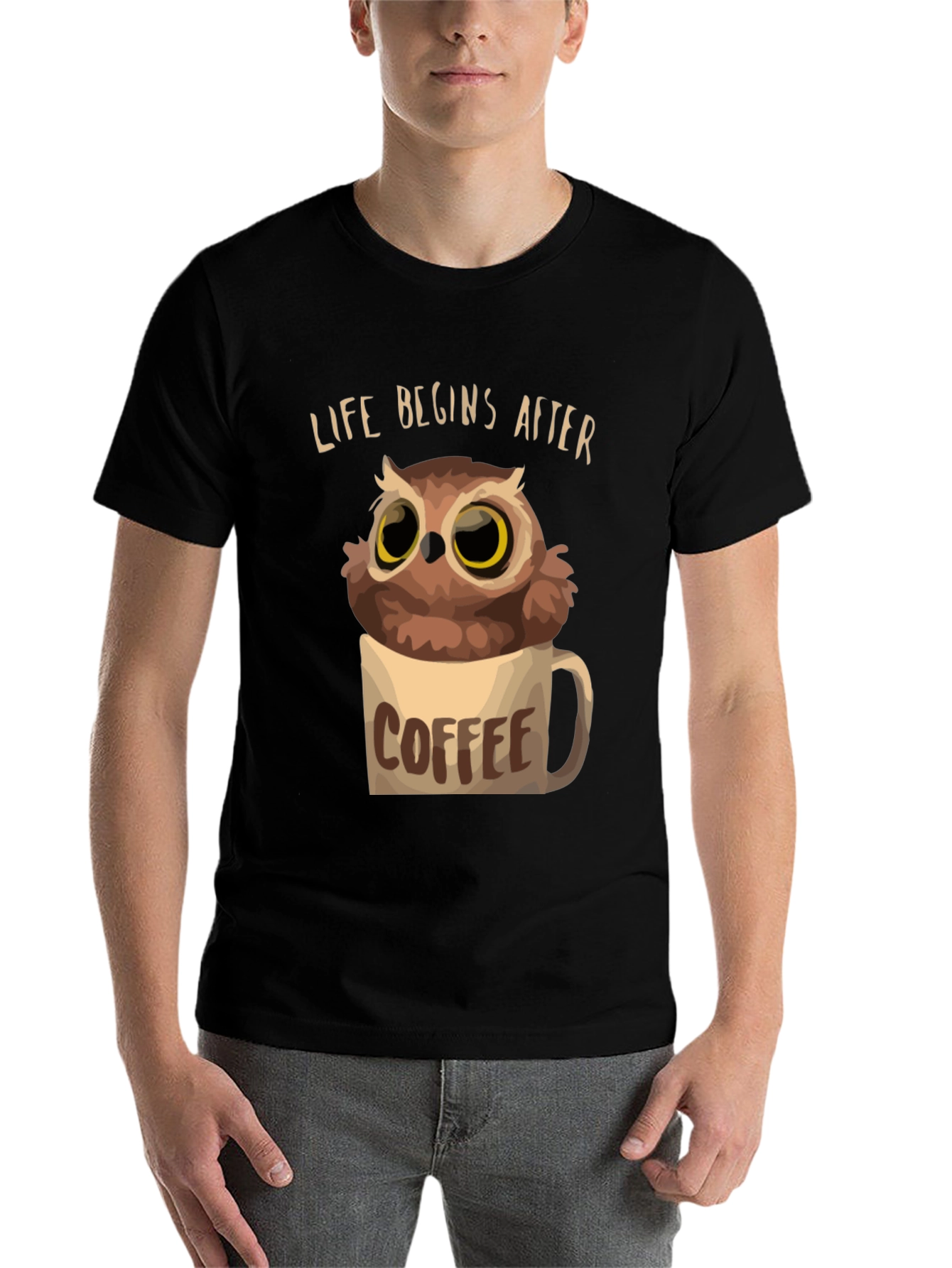 Black Life Begins After Coffee Owl T-Shirt view 7
