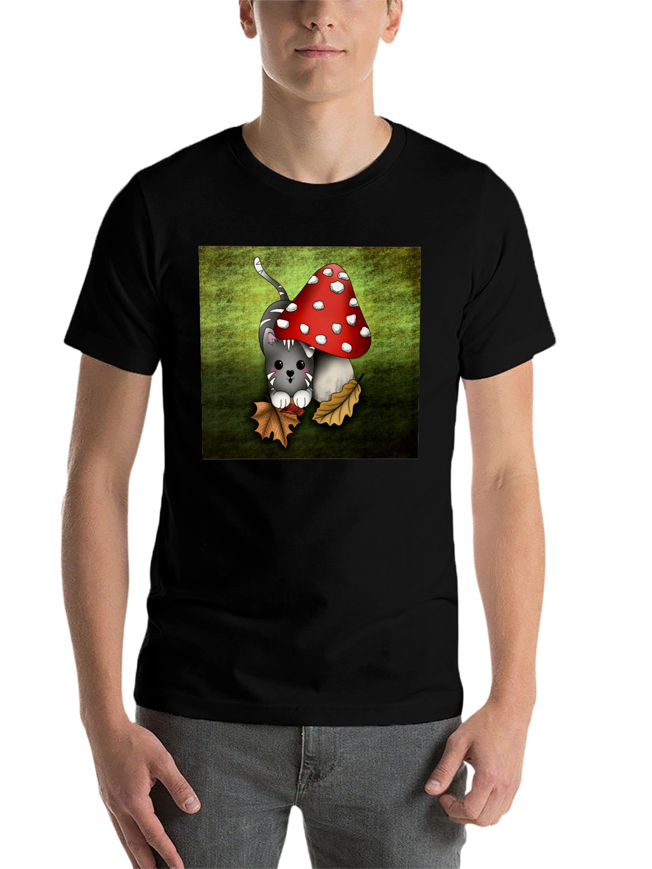 Black Cute Cartoon Cat and Mushroom Graphic T-Shirt view 7