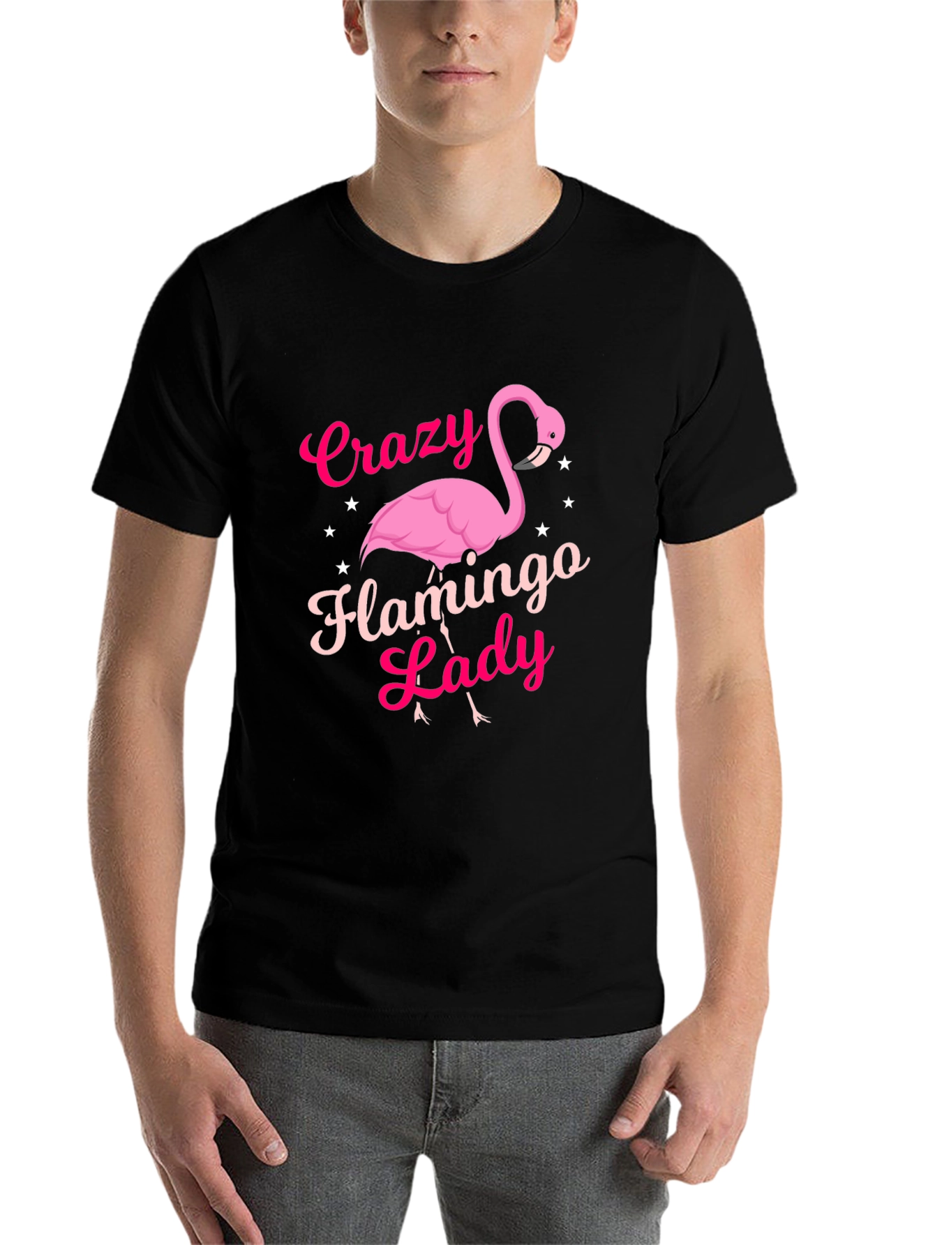 Black Crazy Flamingo Lady T-Shirt - Novelty Graphic Tee view 7