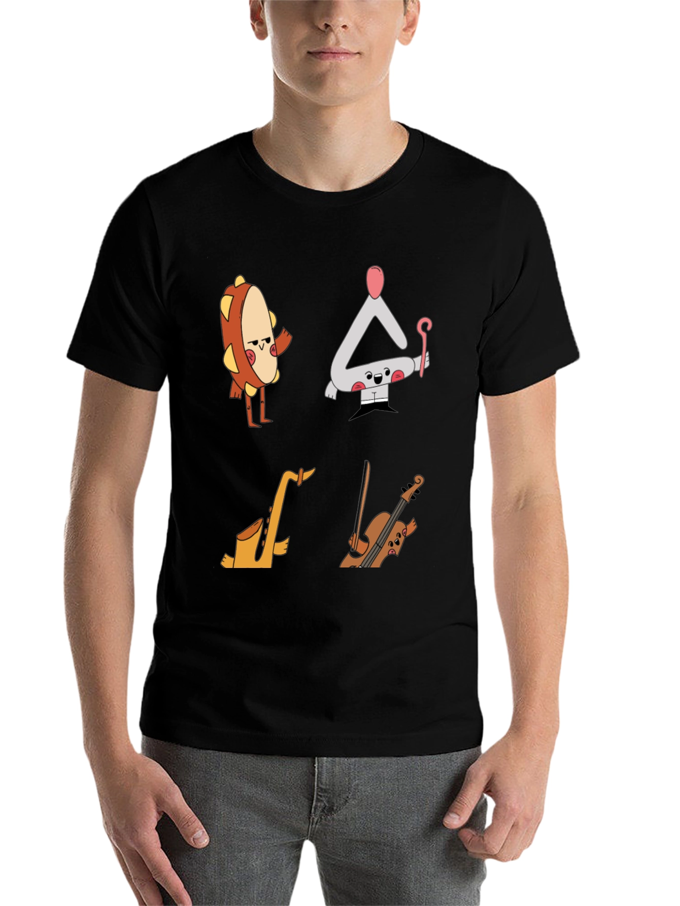 Black Musical Instrument Cartoon T-Shirt - Black view 7