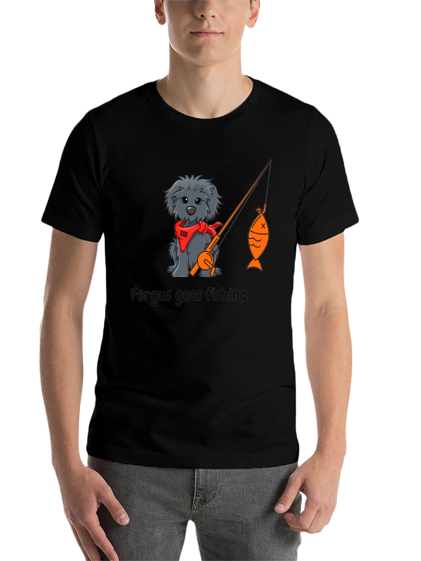 Black Fergus Goes Fishing Black T-Shirt view 7